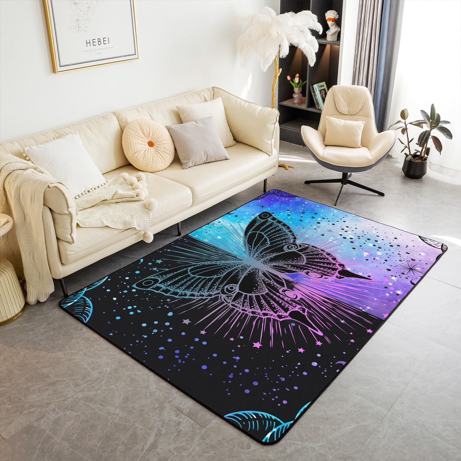 Castle Fairy Dreamy Butterfly Area Rug Pink Purple Tie Dye Clouds Non Slip Rug for Kids Teens Adults Gradient Starry Galaxy Moon Decor Indoor Floor Mat for Bedroom Office 3'x5'