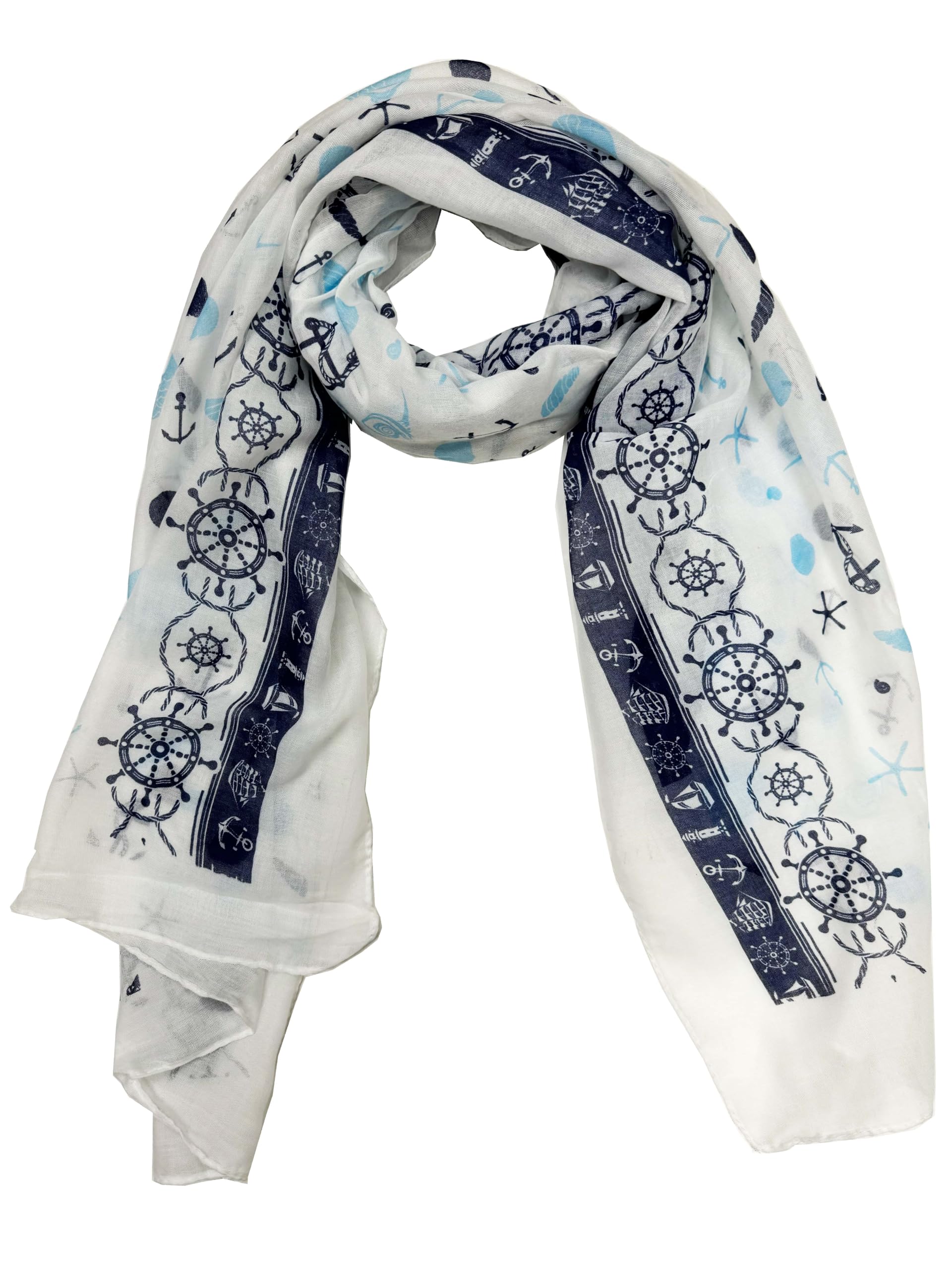 Zac's Alter Ego Women's White Nautical Anchor And Wheel Print Scarf, Lightweight Fashion Scarf, Navy Blue And Maritime Design