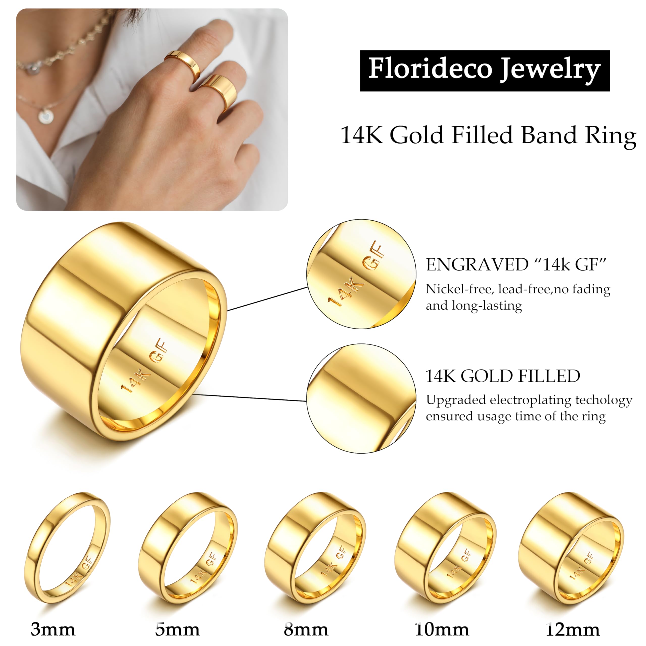 Feng Shui, Florideco 14K Gold gefüllter Ring, Goldband, Dicker, dünner Ring mit kleinem Daumen, Gold, stapelbarer, stapelbarer Ehering für Damen und Herren, Nicht anlaufend, Bequeme Passform, Größe 6