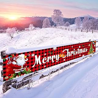 Large Merry Christmas Banner, Xmas Red Plaid Banner Signs Decorations Happy New Years Supplies Fence Yard Sign Outdoor Decorations Photo Backdrop Indoor & Outdoor Merry Xmas (red)