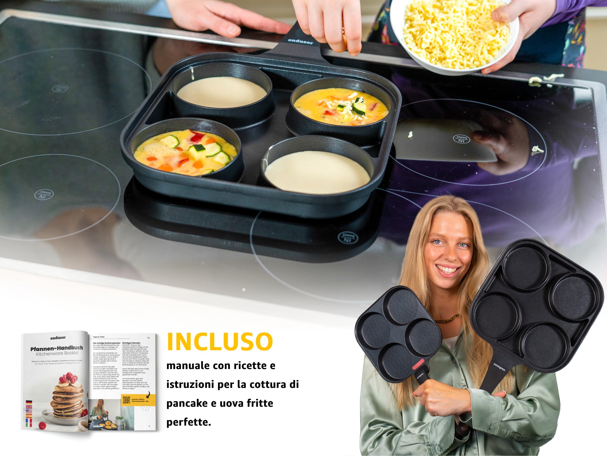 endusor Padella pancake e uova fritte - 27 cm padella per pancake antiaderente con coperchio | Per Fornelli a Induzione Gas Ceramica Elettrici Alogeni| Piastra a 4 stampi per Pancakes Uova Fritte