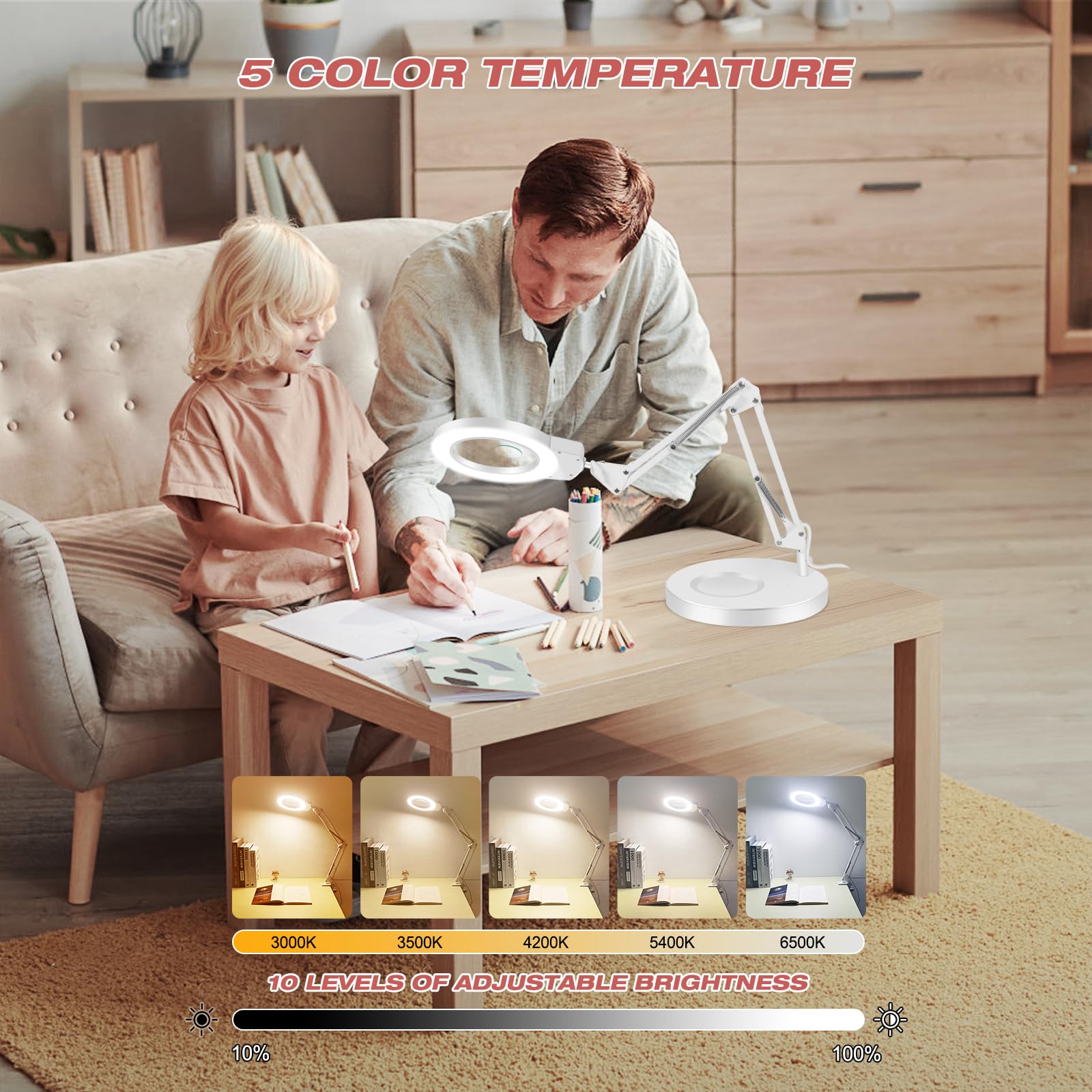 NOEVSBIG Lupa 2 en 1 con luz y soporte, lupa 10 x y 5 x, lámpara de escritorio con gran base y abrazadera, 3 modos de color, regulable, lámpara de lupa LED para hobby, lámpara con lupa con soporte