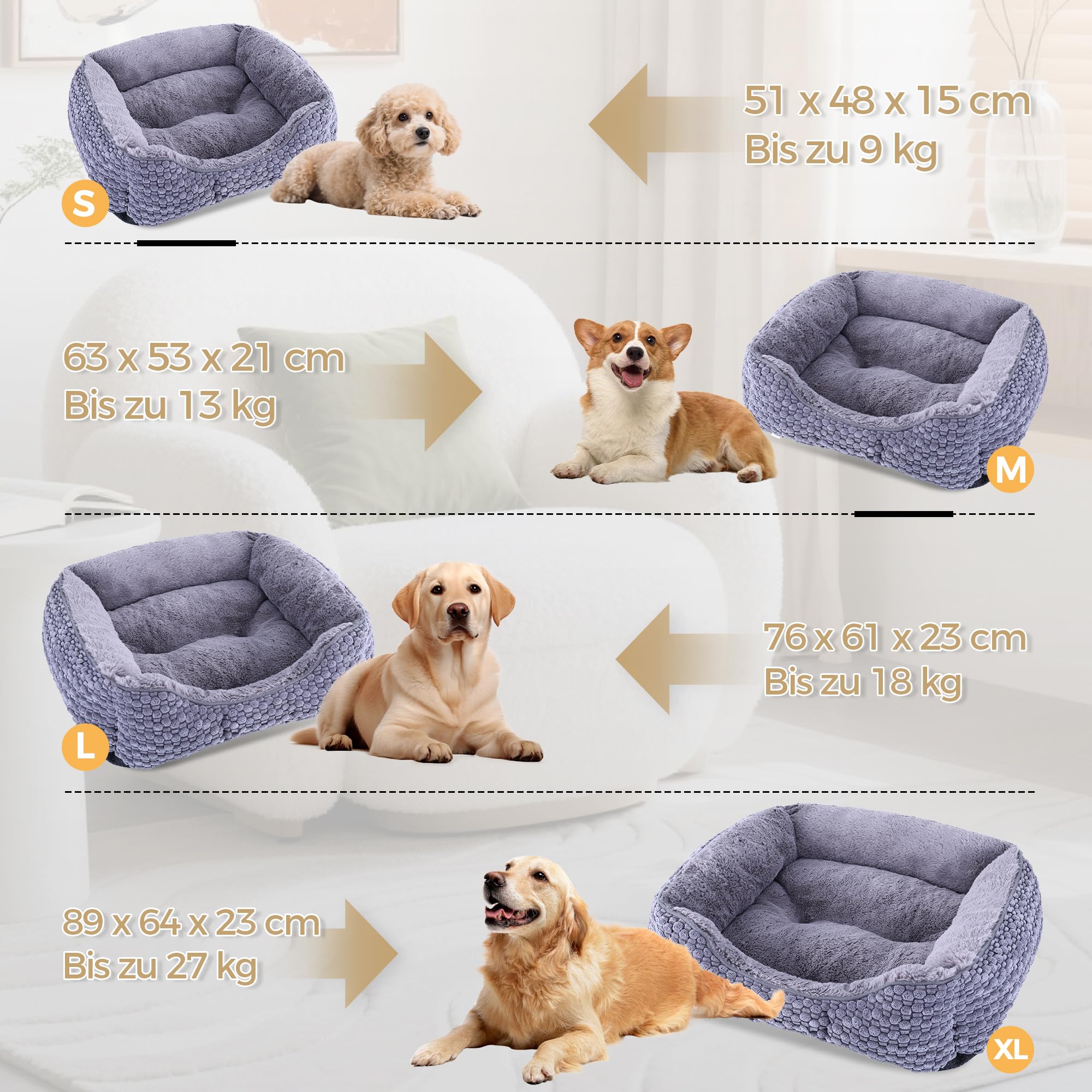 Plüsch-Hundebett, klein, dunkelgrau, maschinenwaschbar, Hundesofa mit Kissen, 51 x 48 x 15 cm, Maiskorn-Design, rutschfeste Unterseite, Dicke PP-Baumwollpolsterung