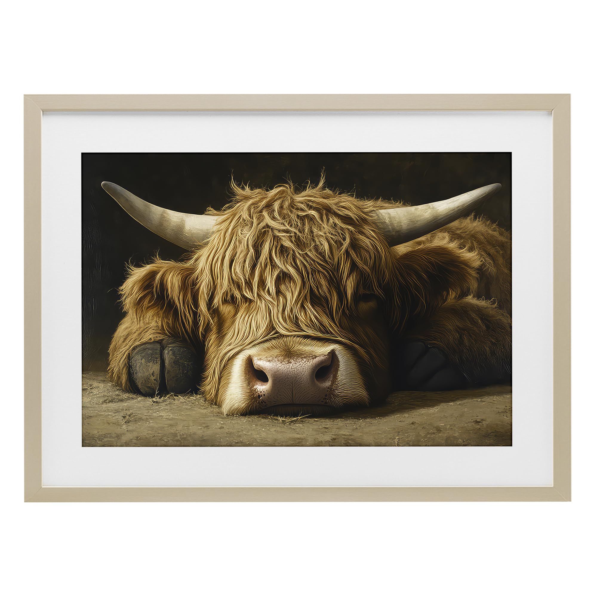 Stupell Industries 'Sleeping Highland Cow & Hoof', Framed Print Under Glass, Brown, 20 x 14 Inches, Easy to Hang and Sturdy, Made in USA, by The Wands Want