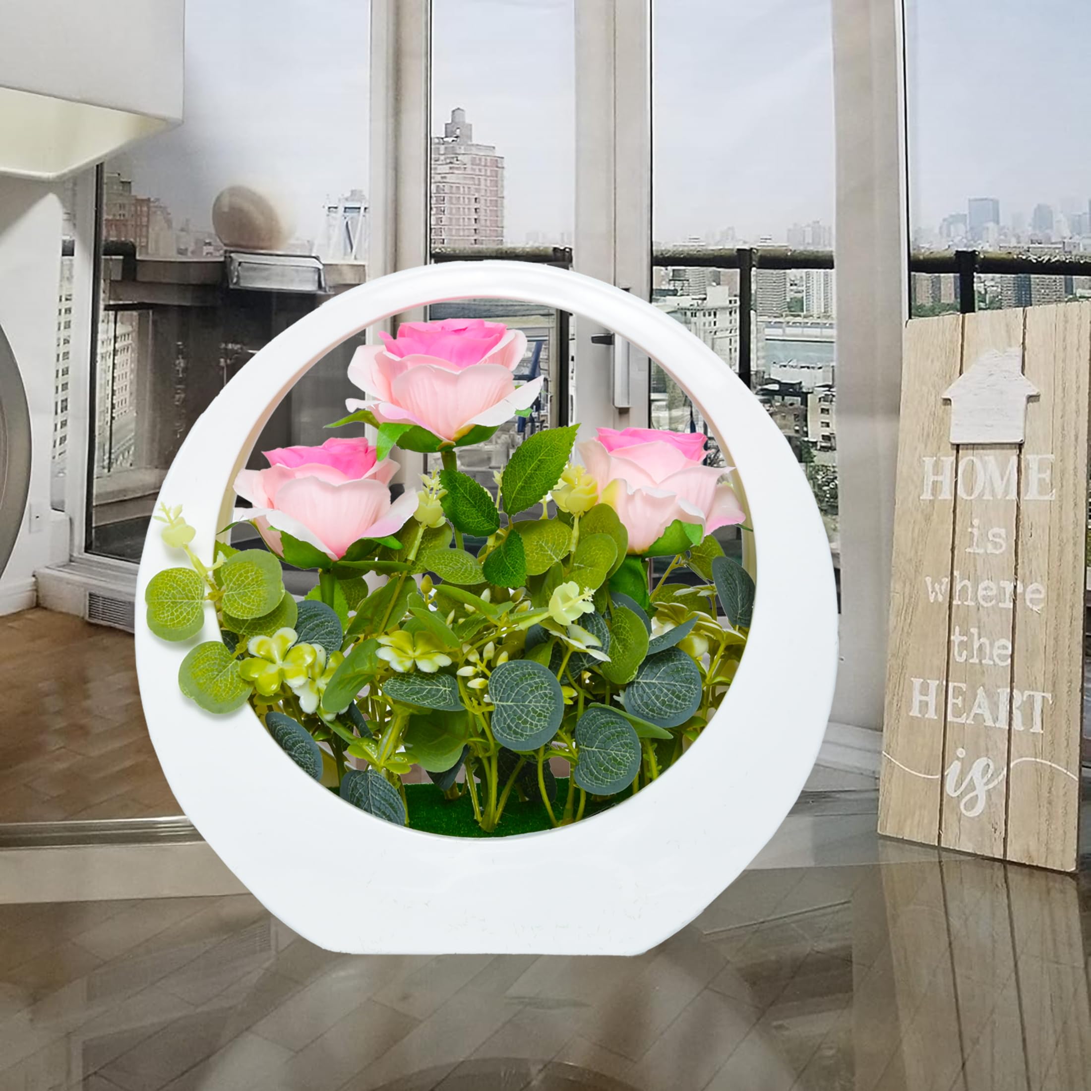 Cortina Plastic Artificial Flower with Hanging Round Basket for Home Courtyard Decoration | Great for Gifting - Pink - 29X29 CM 1