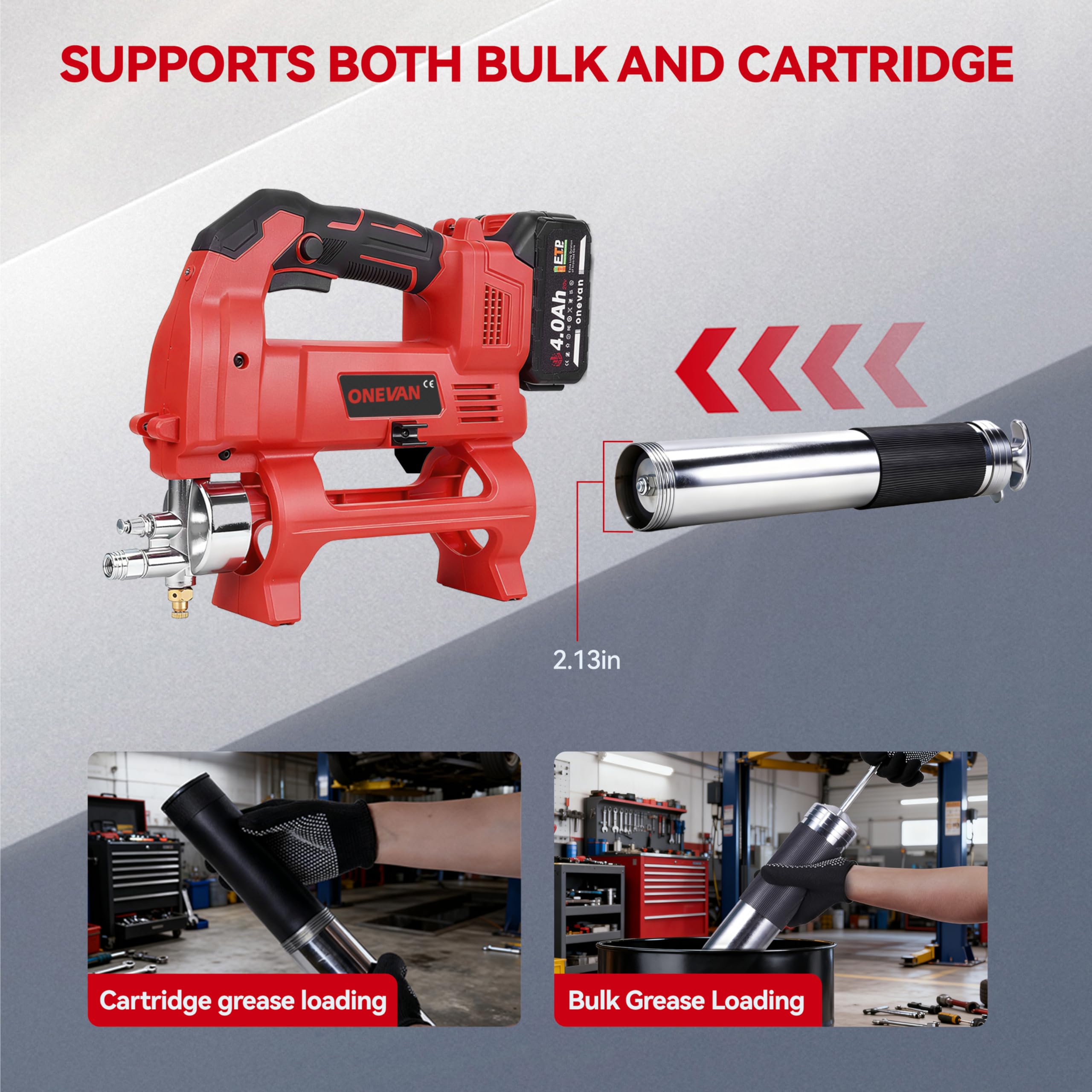 ONEVAN Ingrassatore a Batteria 12000 PSI, Pistola per Grasso Elettrica con Motore Brushless 800W, Serbatoio 600CC, 2 Batterie da 4.0Ah e Accessori Completi, per Auto, Agricoltura e Industria (Rosso)