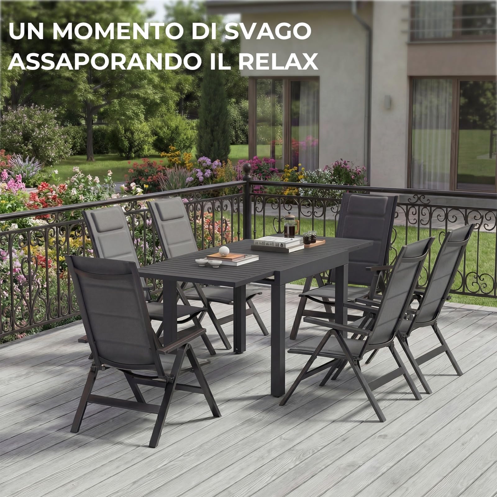 Devoko Set Tavolo e Sedie da Giardino 7 Pezzi, Composto da 1 Tavolo in Alluminio e 6 Sedie Pieghevoli, Tavolo da Giardino Allungabile (80/160 cm), Set Tavolo e Sedie da Esterno, Grigio