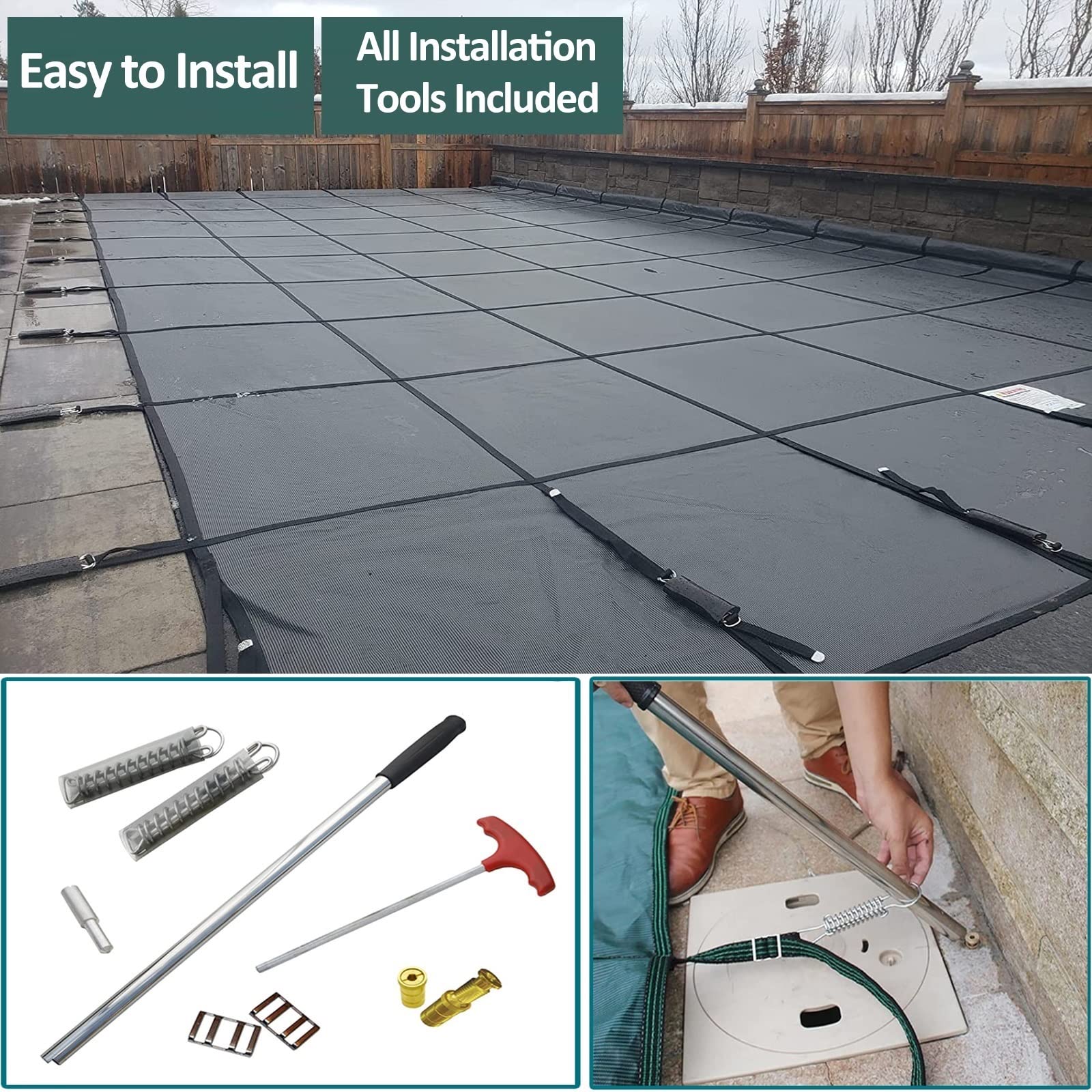 Copertura invernale per piscina Inground con kit di fissaggio, copertura di sicurezza riutilizzabile durevole con gradino centrale per terrazza e cortile