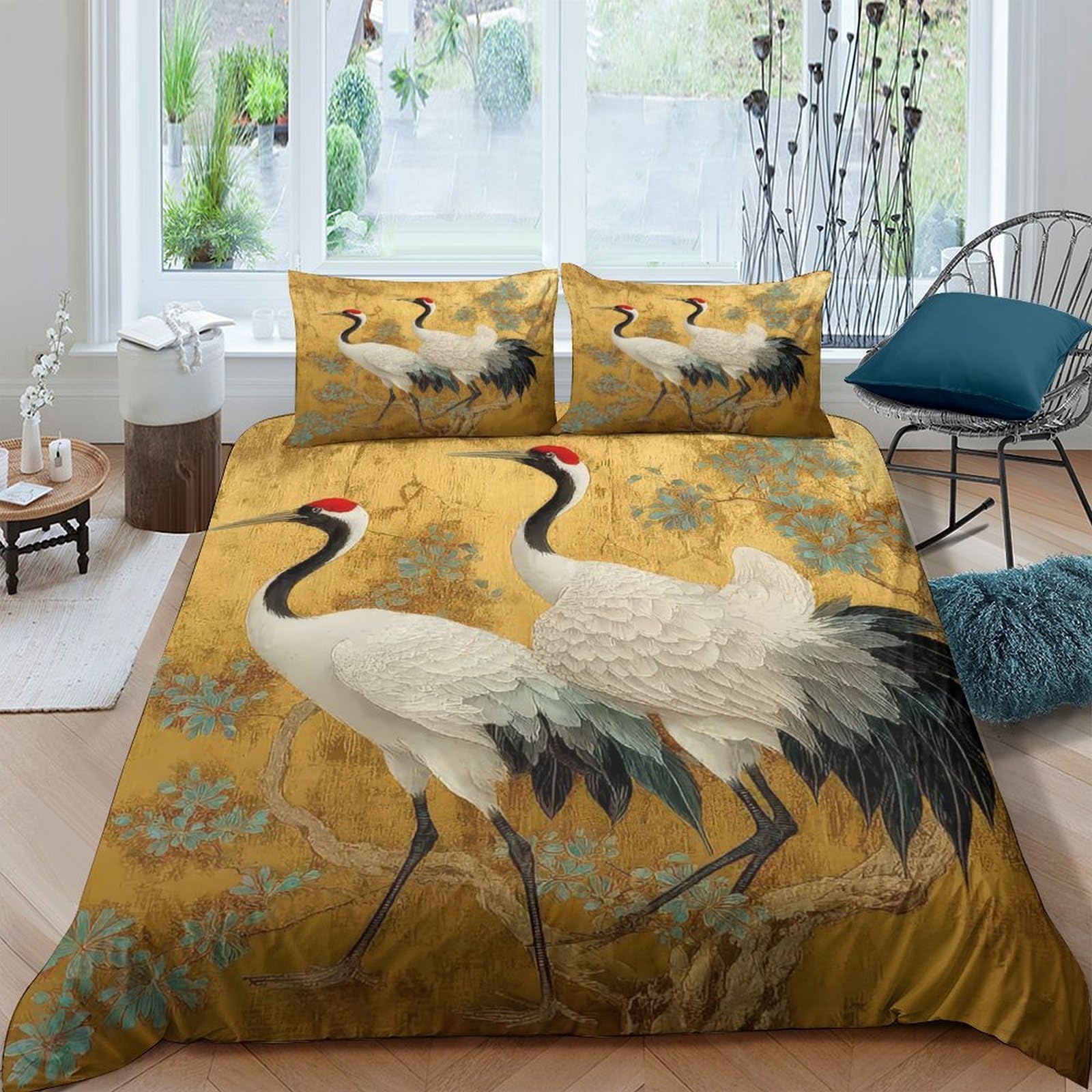 Ctjqhvkz Style-7 3D Printed Crane Art Fitted Sheet Microfiber Soft Breathable Golden Nature Bed Cover For Bedroom Guest Room Decor Single（135X200cm）