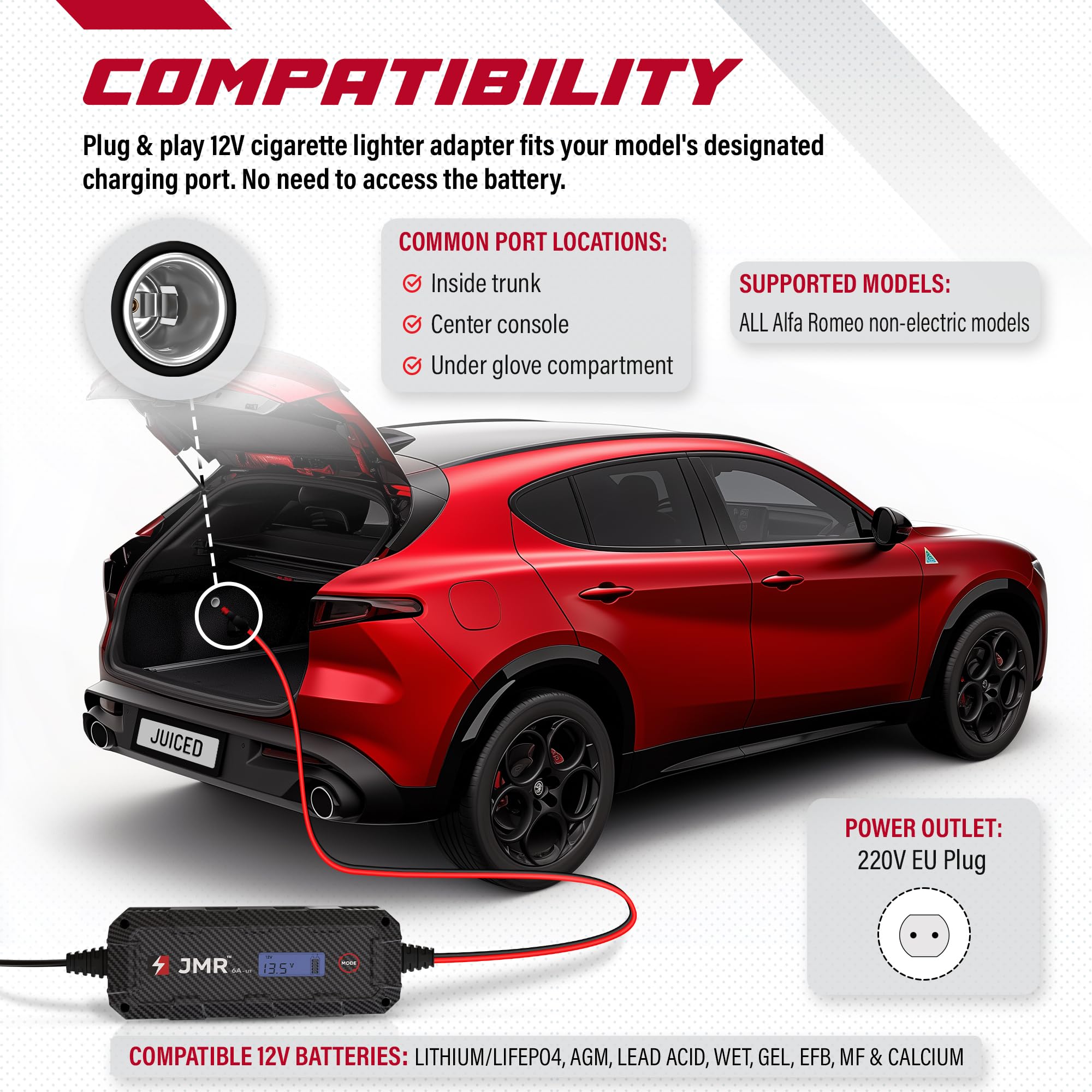 JMR Battery Charger for Alfa Romeo Stelvio Giulia Giulietta Tonale 4C MiTo 8C Brera 159 GT 147 166 156 All Models Trickle Charger Conditioner Maintainer (Add Lithium Mode)