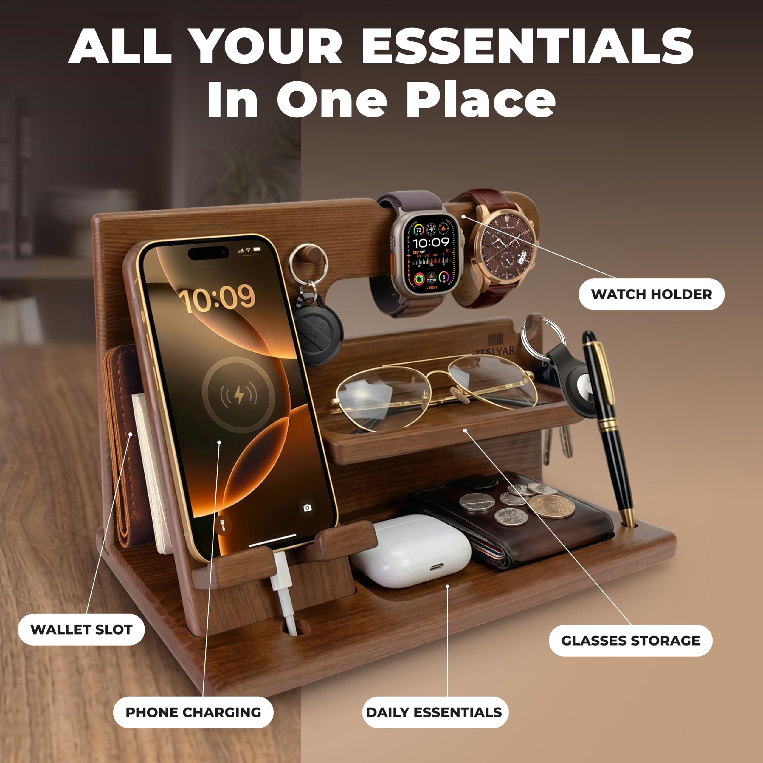 Teslyar Docking Station, Legno di noce per Cellulare , Orologio , svuota tasche