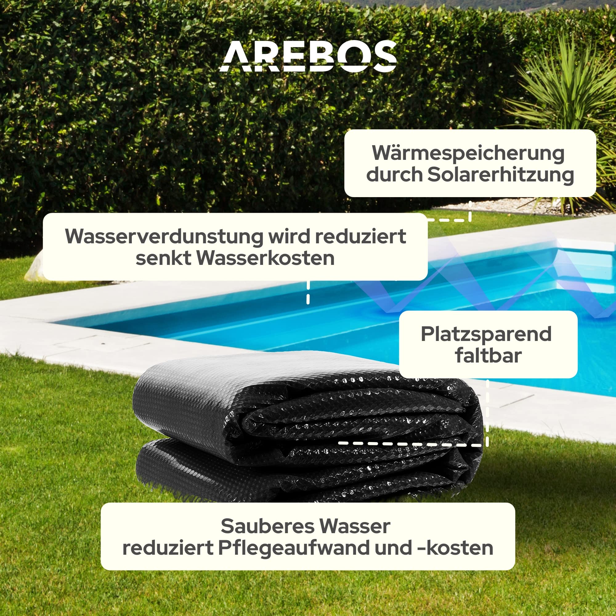 Arebos Solarabdeckplane eckig 4,5 x 2,2 m Schwarz 120 µm Solarfolie zuschneidbar Poolheizung