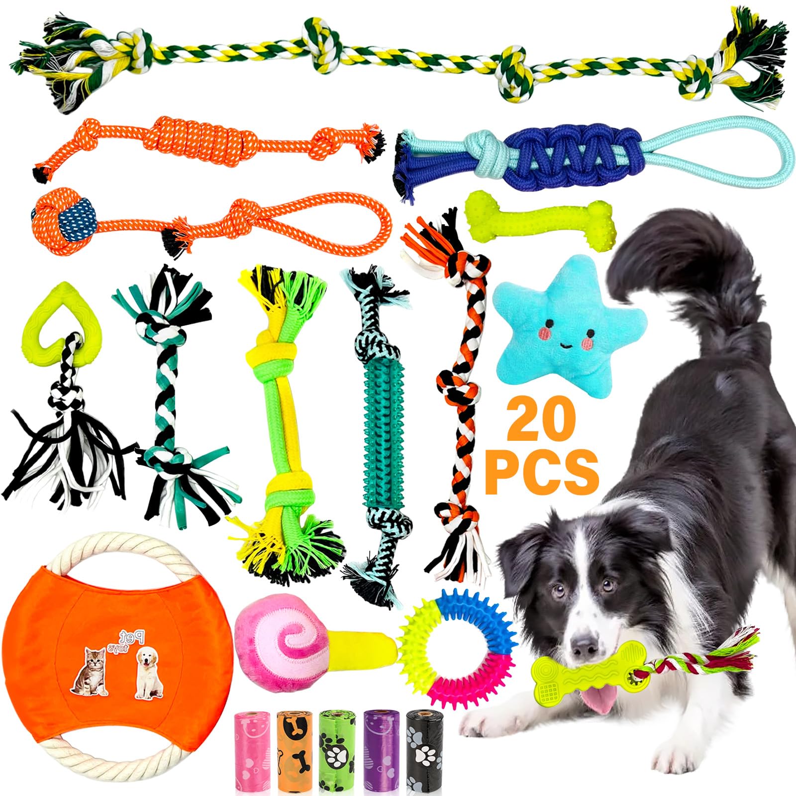 Snarflun 15 Piezas Juguetes para Perros, 5 Bolsas de Caca de Perro, Juguete Interactivo para Morder para Pequeño y Mediano, Juguete para Morder para Perro, Puede Utilizar para Limpiar los Dientes