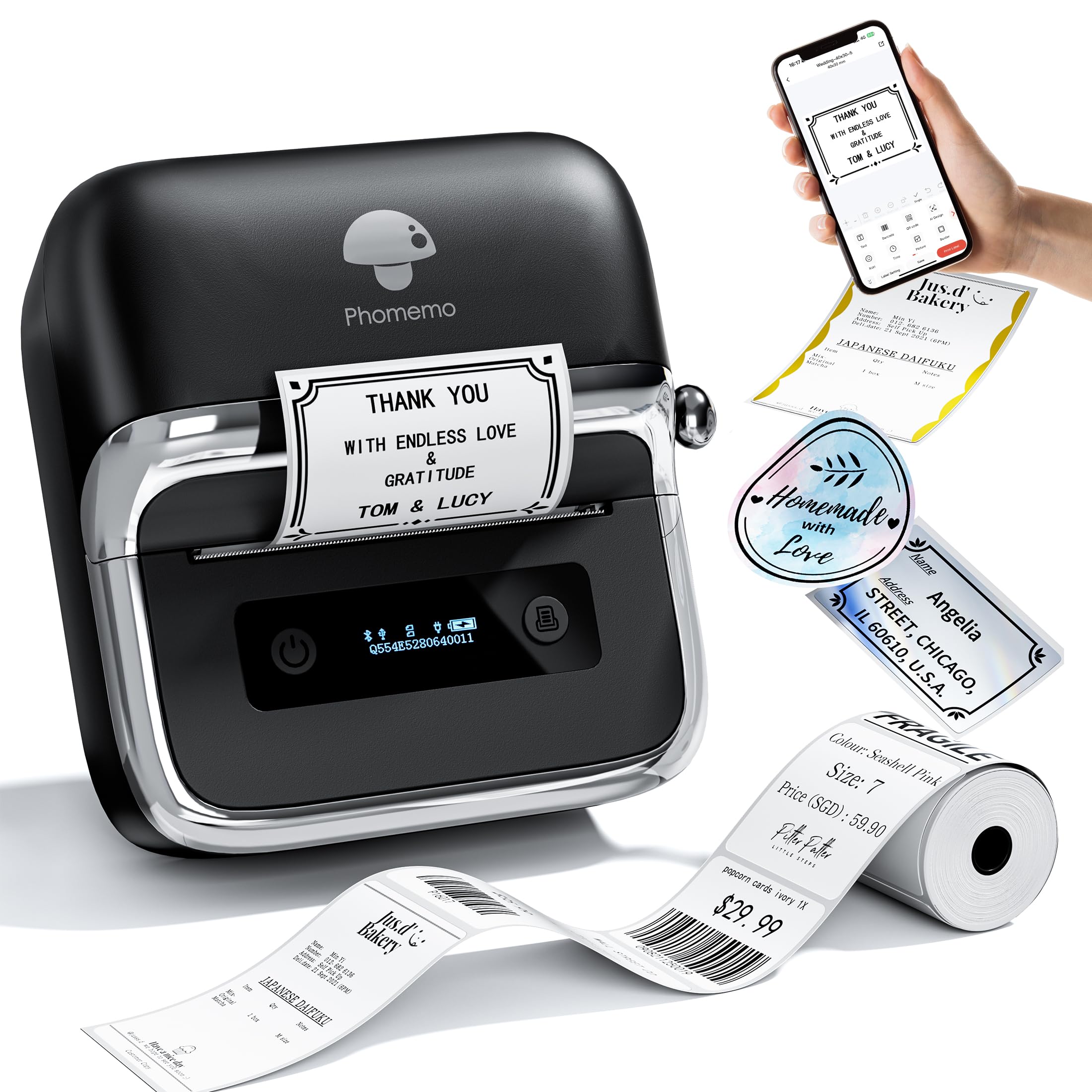 Phomemo M221 labelprinter met 3 rollen etiketten, labelmaker Bluetooth Thermo etikettenprinter