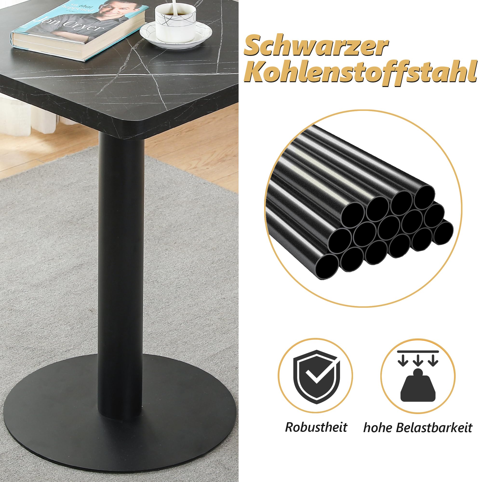 Mingone Esstisch 60cm Küchentisch Klein mit Marmor Tischplatte Schwarz | für 2 Personen, Quadratischer Holz Tisch, Esszimmertisch mit Metallbein, Für Wohnzimmer Balkon Esszimmer
