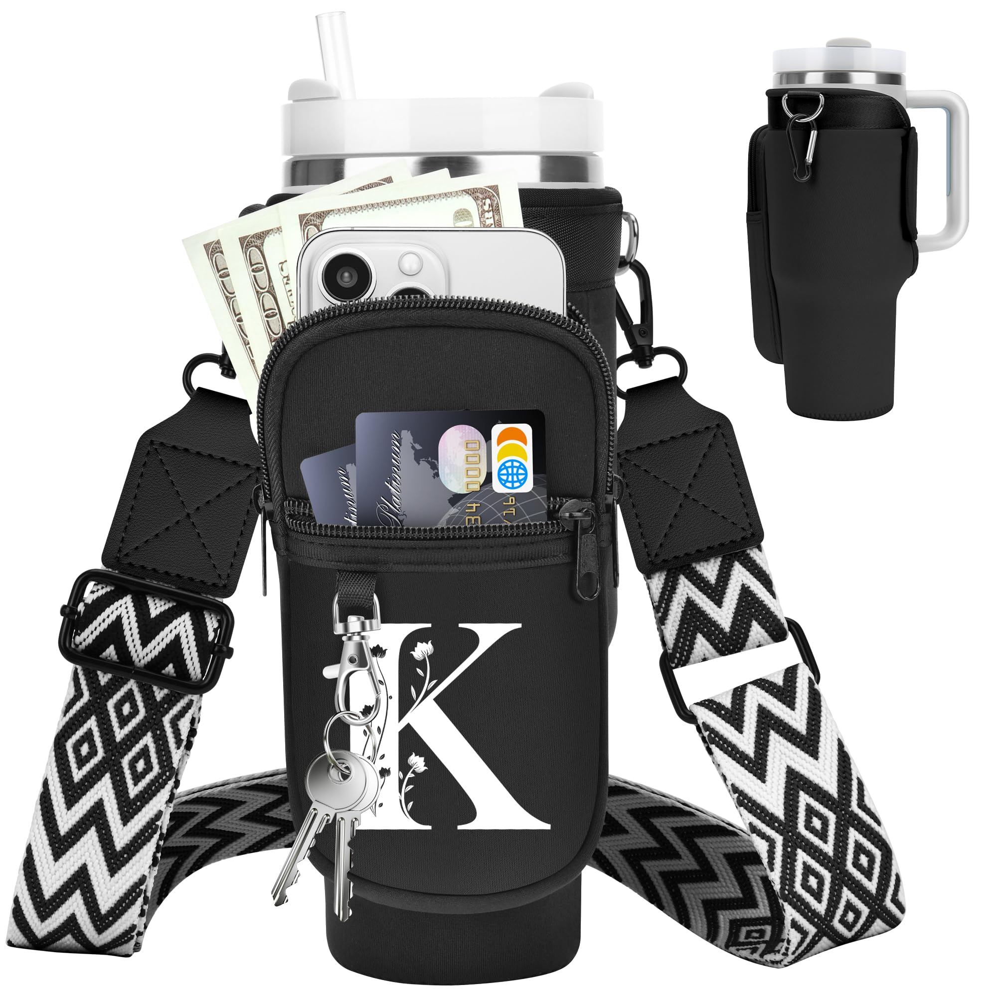 Initial Water Bottle Holder with Strap for Stanley Cup 40 oz Tumbler