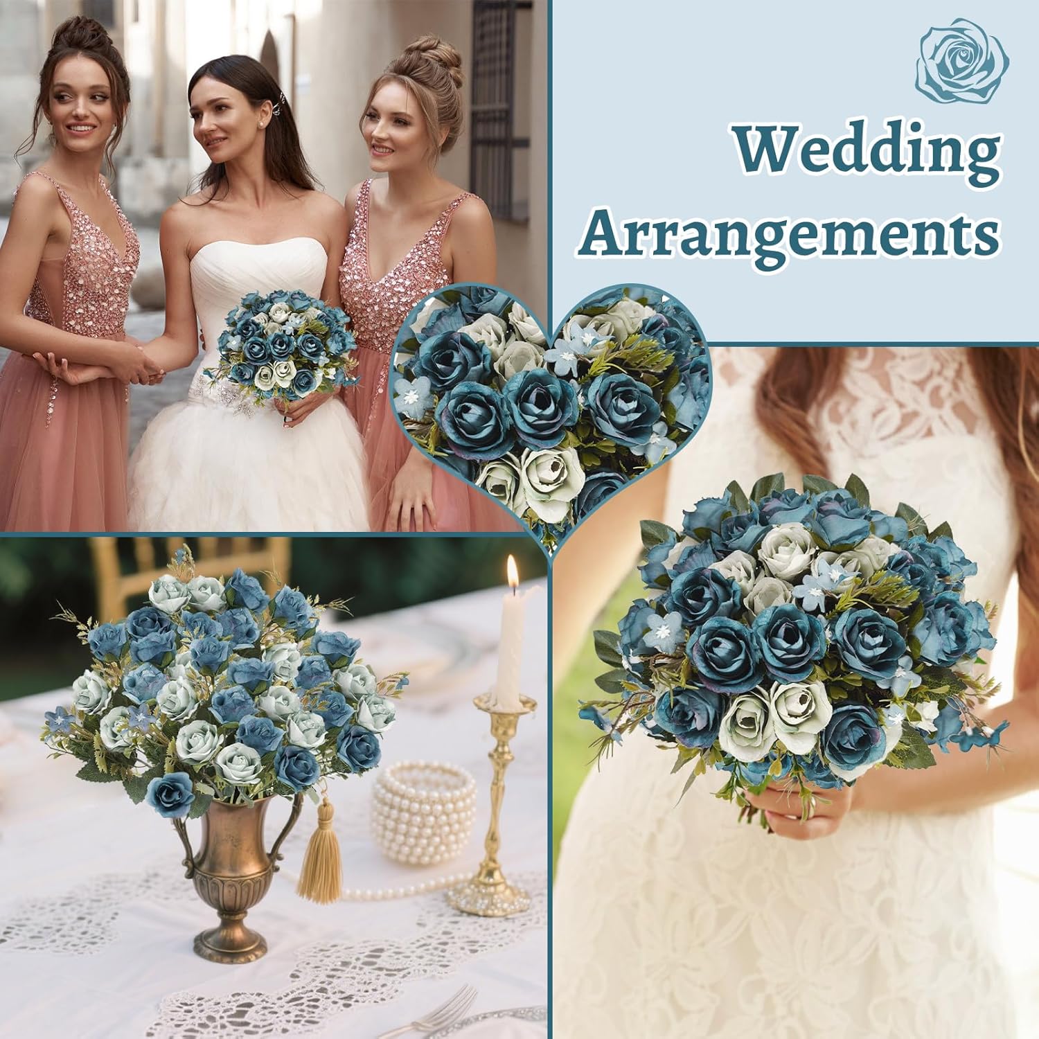 5 Stems 10 Heads Artificial Flowers Mini Roses with Leaf Bridal Bouquets for Wedding Centerpieces Indoor Home Table Decoration(4 Pack, Blue)