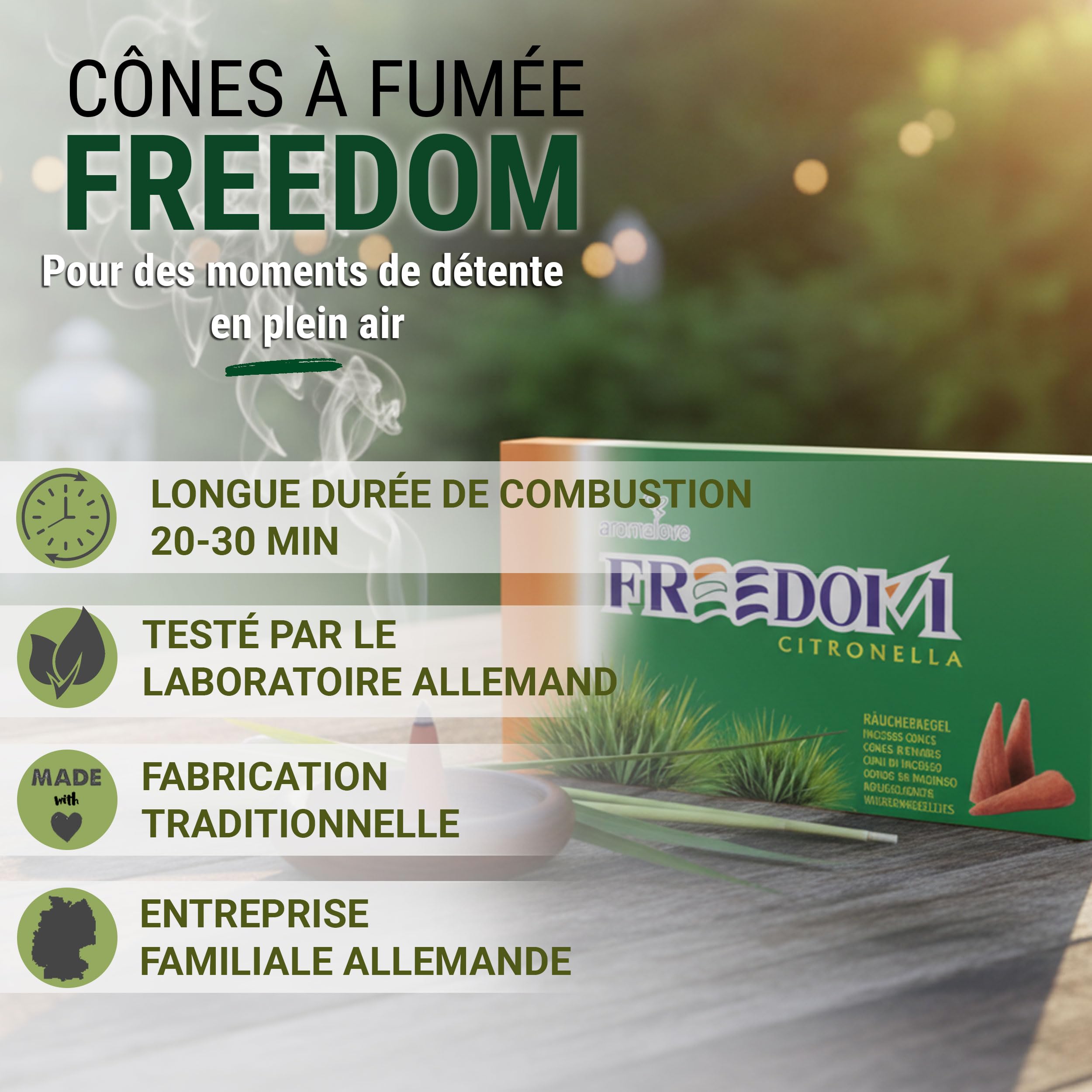 Aromalove Cônes d'encens XXL Freedom Citronnelle Longue durée Paquet de 50