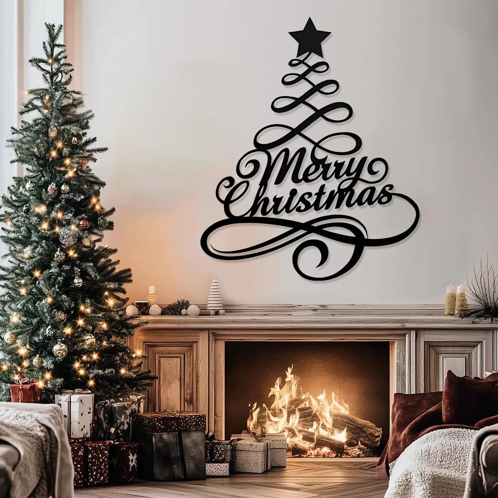 Decoración de pared abstracta contemporánea de metal con diseño de árbol de Navidad, arte en espiral, adorno familiar para colgar, regalo para el hogar con diseño en espiral (negro, 100 x 120 cm)