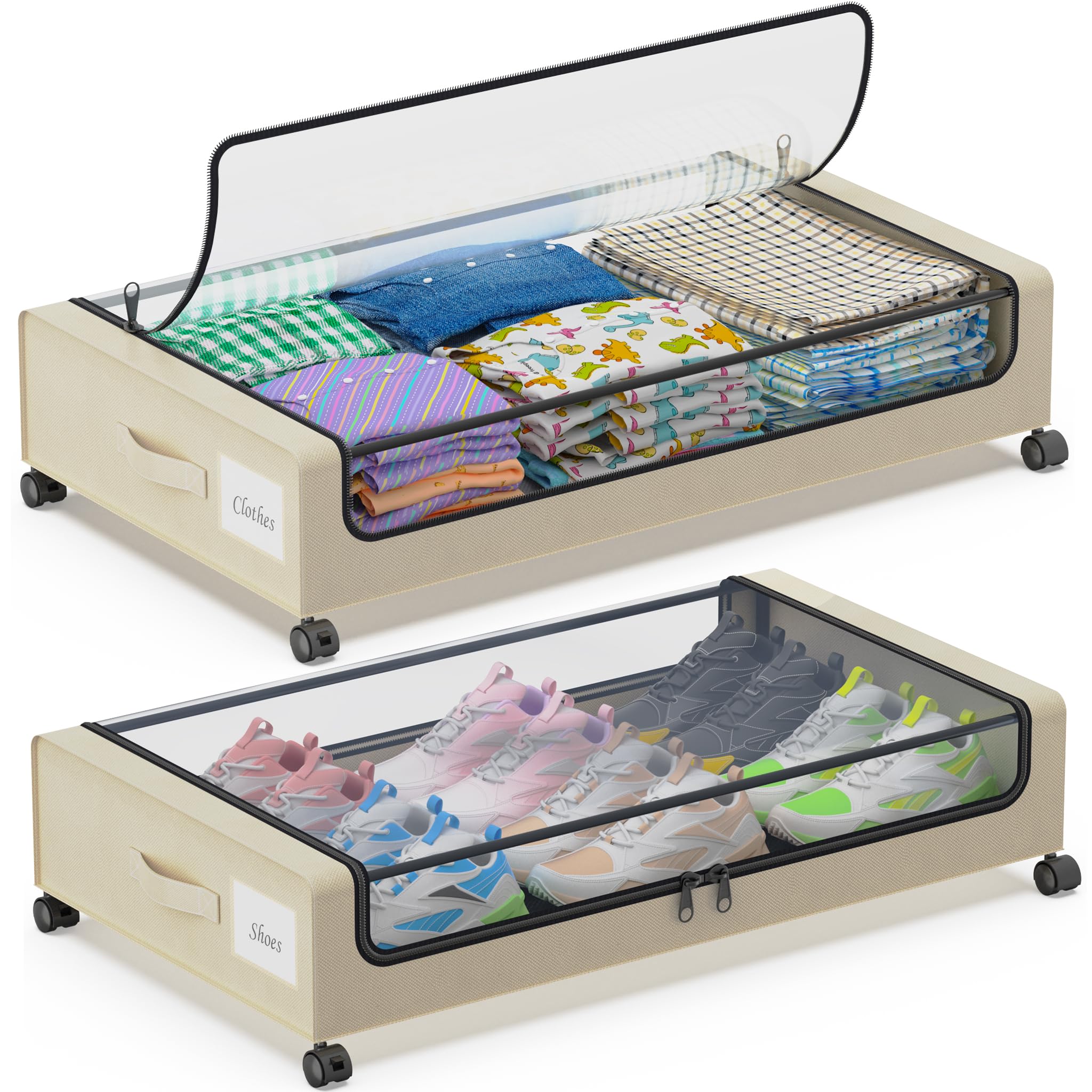Contenitore sotto il letto con ruote, confezione da 2 contenitori portaoggetti con coperchi trasparenti, XXL da 60 L, cassetti in metallo per vestiti, scarpe, giocattoli (bianco, confezione da 2)