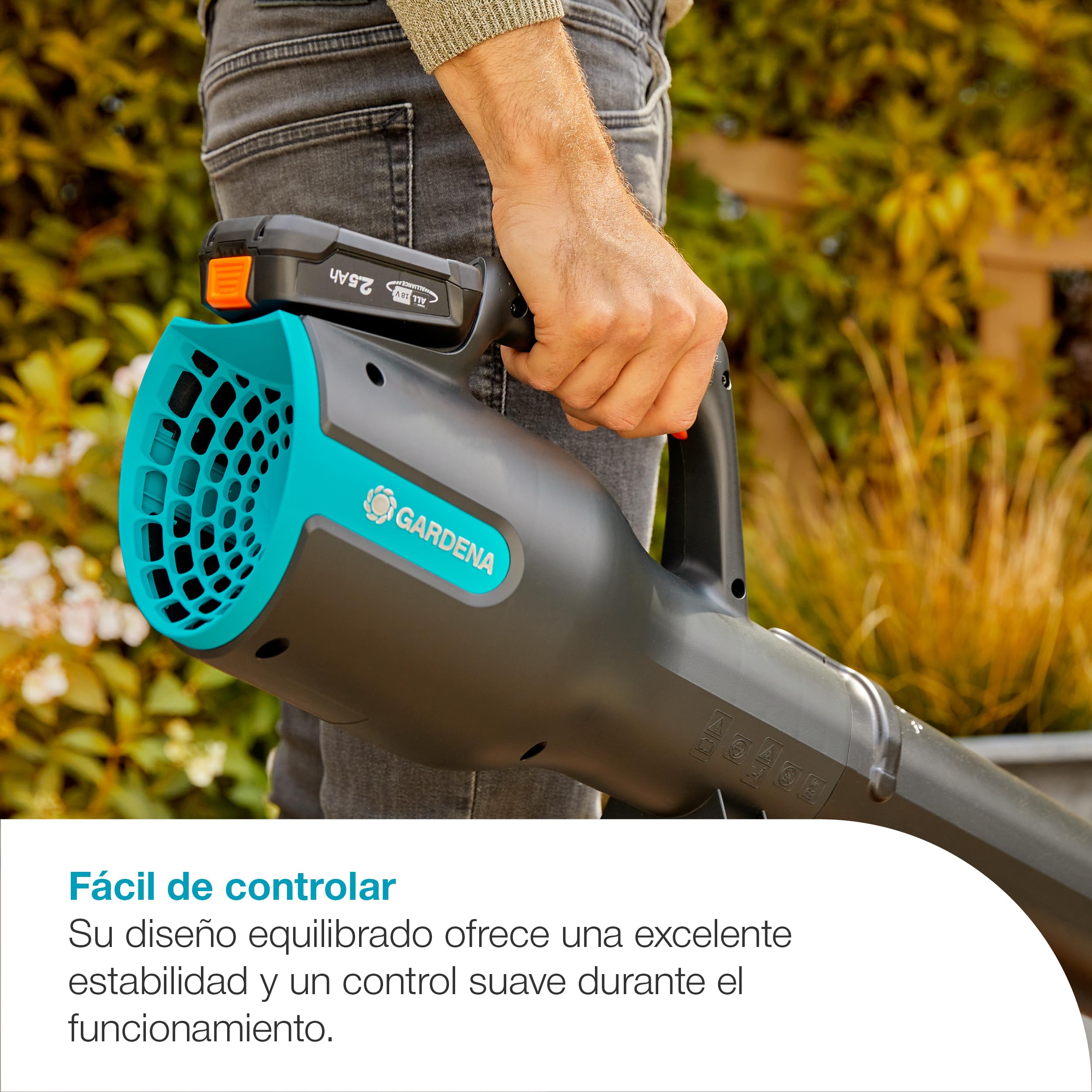 Gardena Soplador de batería PowerJet 18V P4A Set listo para usar: Eliminación de hojas, Velocidad ajustable, Alto volumen de aire, Ligero, Sin cable (14890-20)