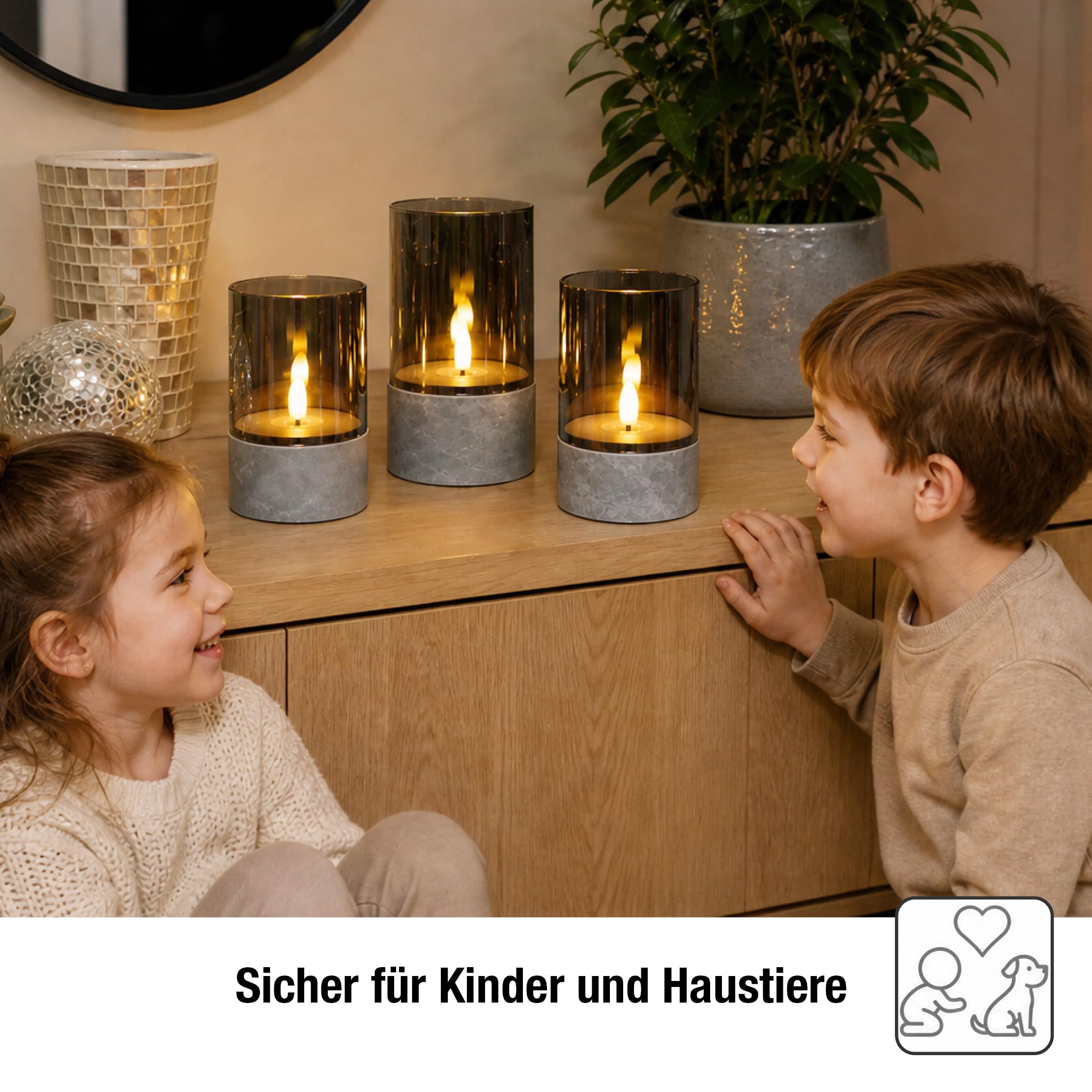 hellum LED Kerzen mit Timerfunktion, 3er Set LED Stumpenkerzen Outdoor, flackernde Flamme, Grau Ø 8 cm, Höhen 10/12,5/15 cm, 6h-Timer, batteriebetrieben (6x AA, nicht inkl.) 151992