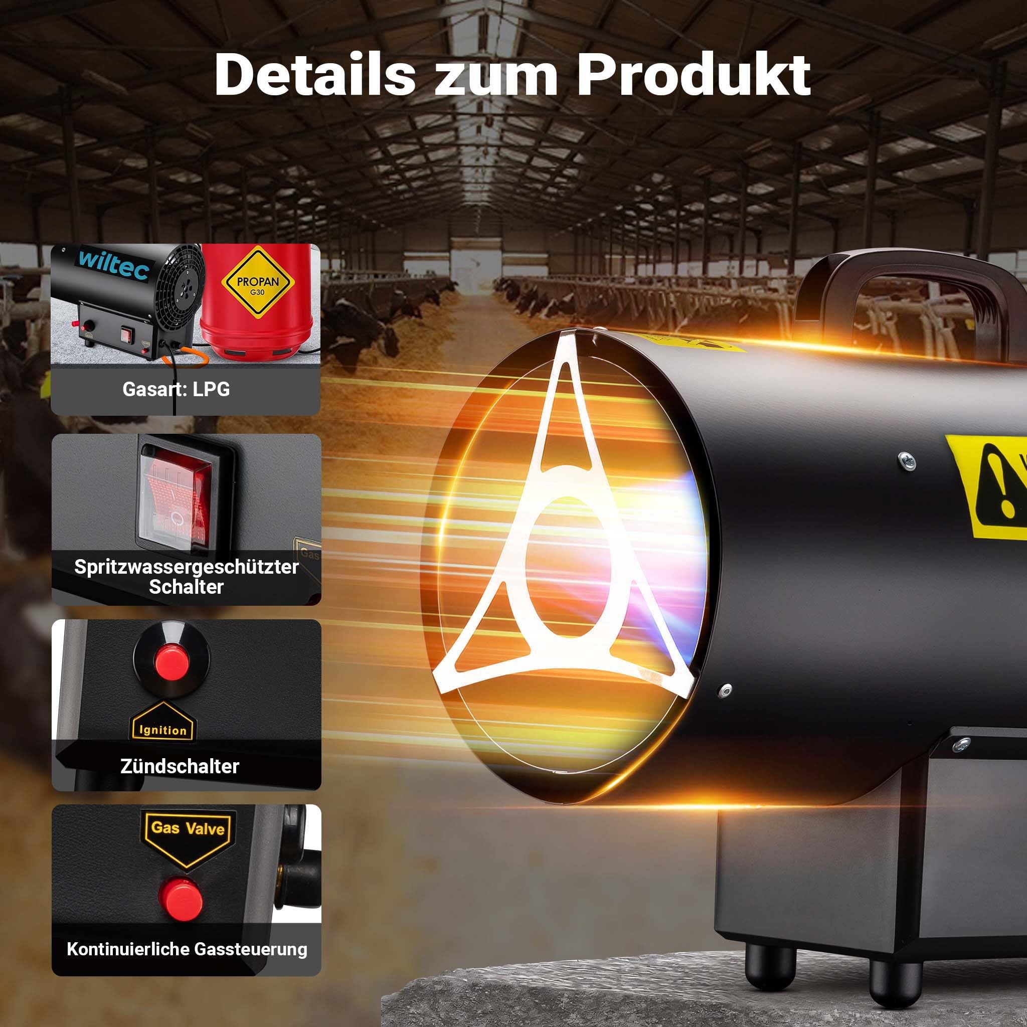 Wiltec Generatore di calore a gas GPL, 15 kW 30 W 320m³/ora, cannone aria calda con avviamento piezoelettrico, incluso riduttore di pressione del gas per l'Italia 700 mbar con tubo da 1,5 m
