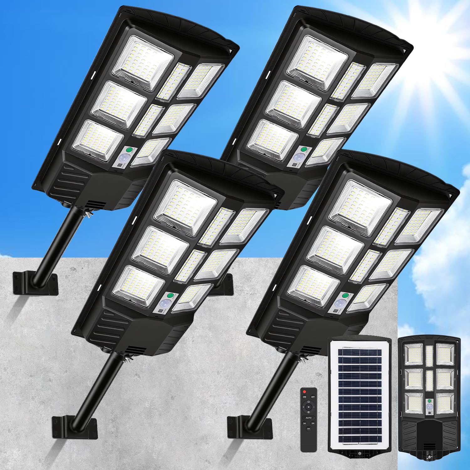 LED Solar Straßenlaterne 300W, Solarlampen für Außen, Solarbetriebene 6500K Straßenlampe Wandleuchte mit Bewegungsmelder Sensor, Außen Wegeleuchte im Freien Straßenleuchte,4 Stück