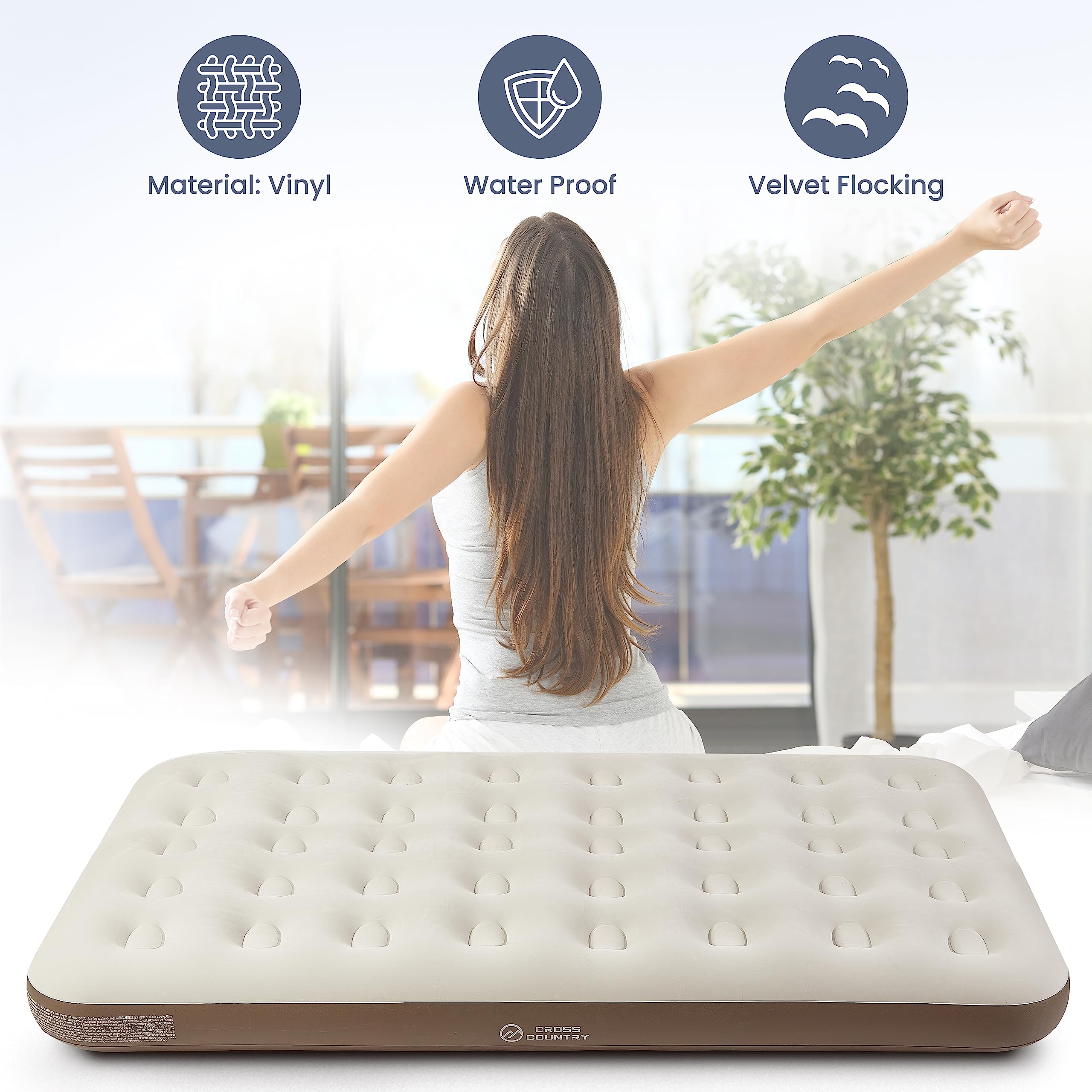CROSS COUNTRY Double Camping Air Bed - Flocked Inflatable Mattress with Coil Beam Support, Taupe/Grey - Image 4