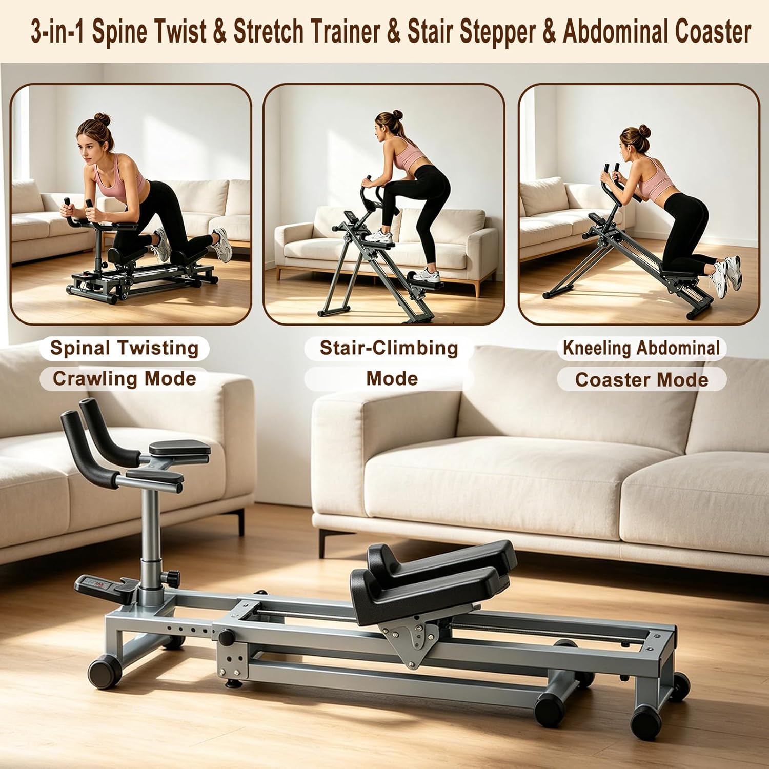 3-in-1 Spine Twist & Stretch Trainer & Stair Stepper,Adjustable Abdominal Coaster for Lower-Back & Ab Training,Foldable Crawling Exercise Machine with LCD Monitor for Home Gym,Gray