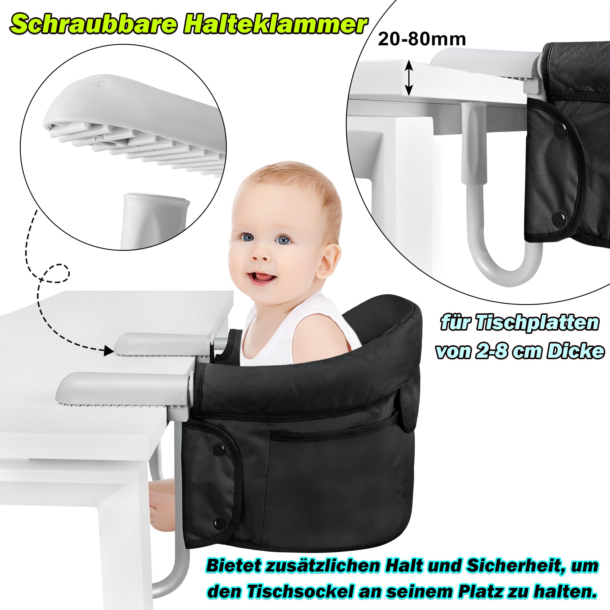 Froadp Seggiolino da tavolo pieghevole per bambini, con custodia e linguette di fissaggio sicure, per bambini, seggiolone, con aste di fissaggio regolabili, per casa, viaggi, colore nero