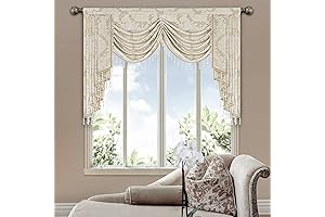 Loom and Mill Waterfall Valance for Living Room - Damask Beige Window Curtains