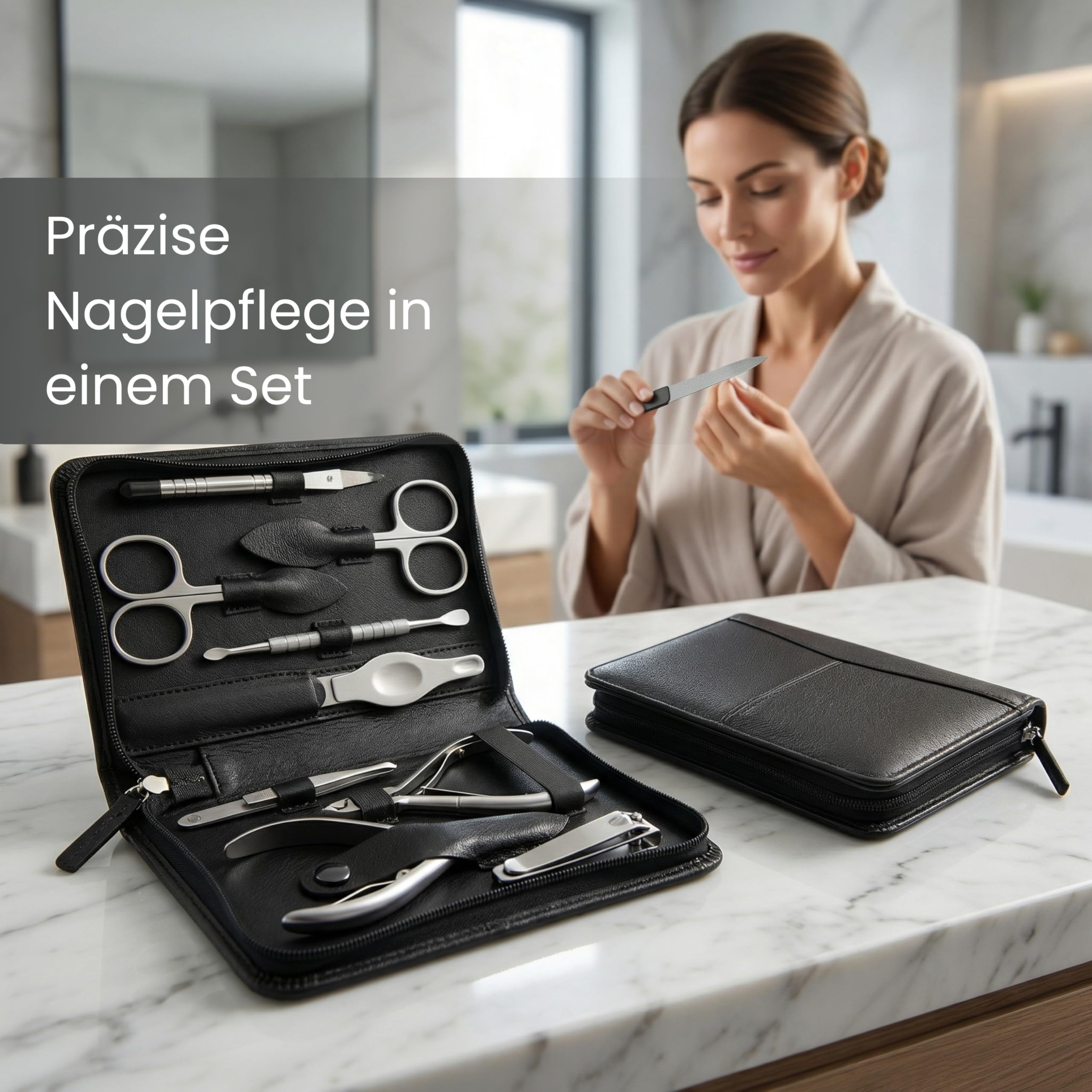 Hans Kniebes Maniküre Set 9-teilig Schwarz – Profi Nagelpflege & Pediküre Set aus Edelstahl – Nappa Schafleder Etui mit Reißverschluss – Nagelschere, Zangen & Knipser – Premium Manikürbesteck