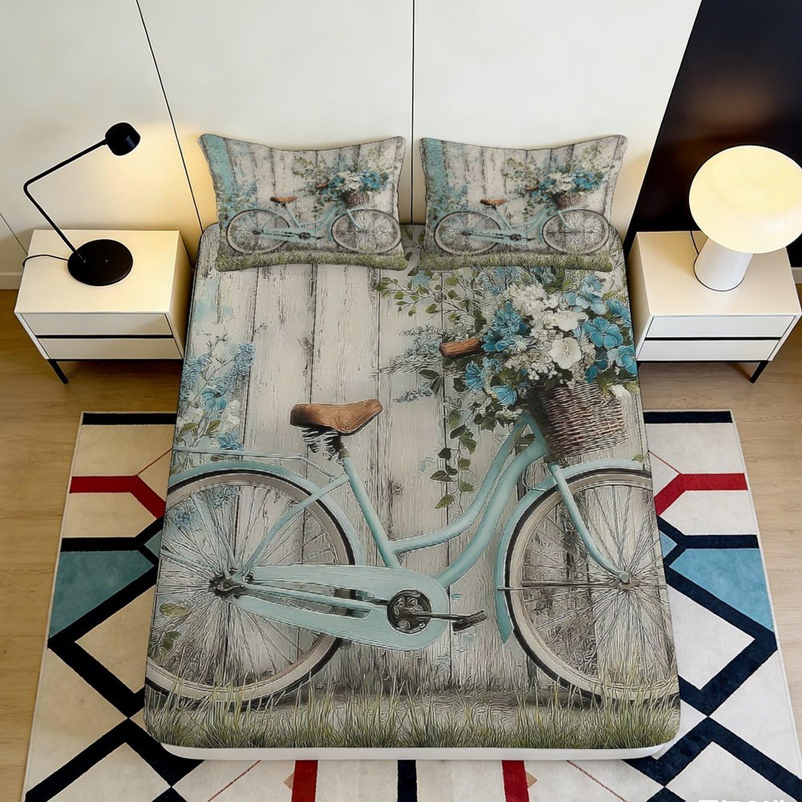 Pnayamiorkfel Style-8 3D Printed Vintage Bicycle Fitted Sheet Microfiber Floral Rustic Mattress Cover For Bedroom Guest Room Decor 90X200x25cm