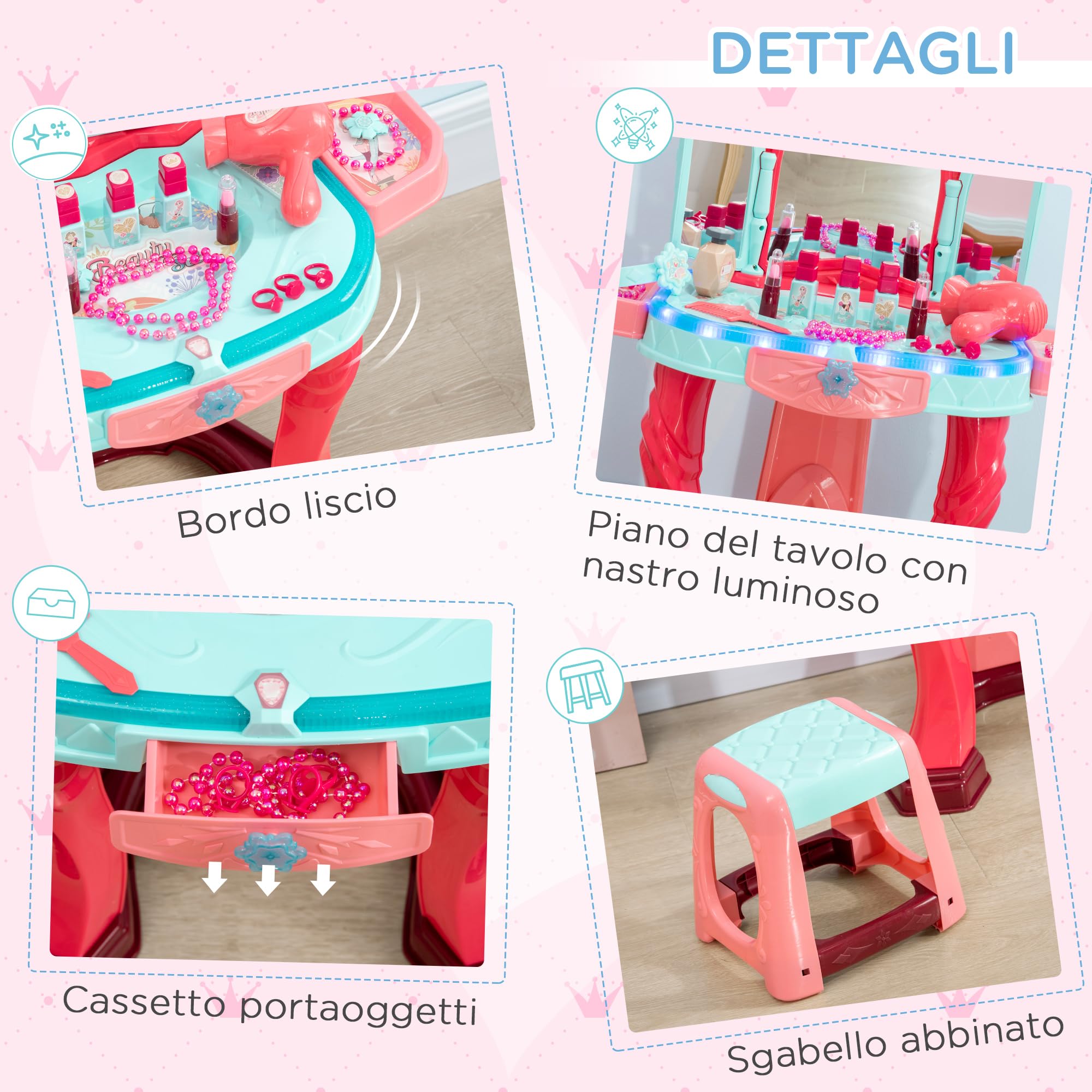AIYAPLAY Tavolino Toeletta per Bambine con Sgabello, Specchio, Luci e Accessori, Tavolo da Trucco in PP e GPPS, 57x34x76 cm, Blu Rosa e Rosso