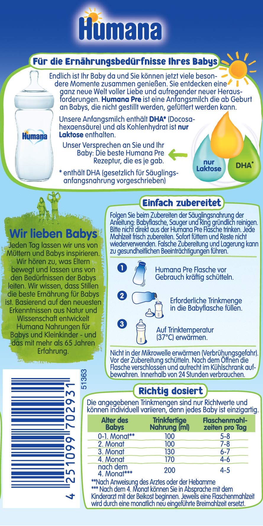Humana Anfangsmilch Pre trinkfertig, von Geburt an, trinkfertige Säuglingsmilch, zusätzlich zur Muttermilch oder als alleinige Pre Nahrung, Babynahrung mit DHA und nur Laktose, 6 x 470 ml
