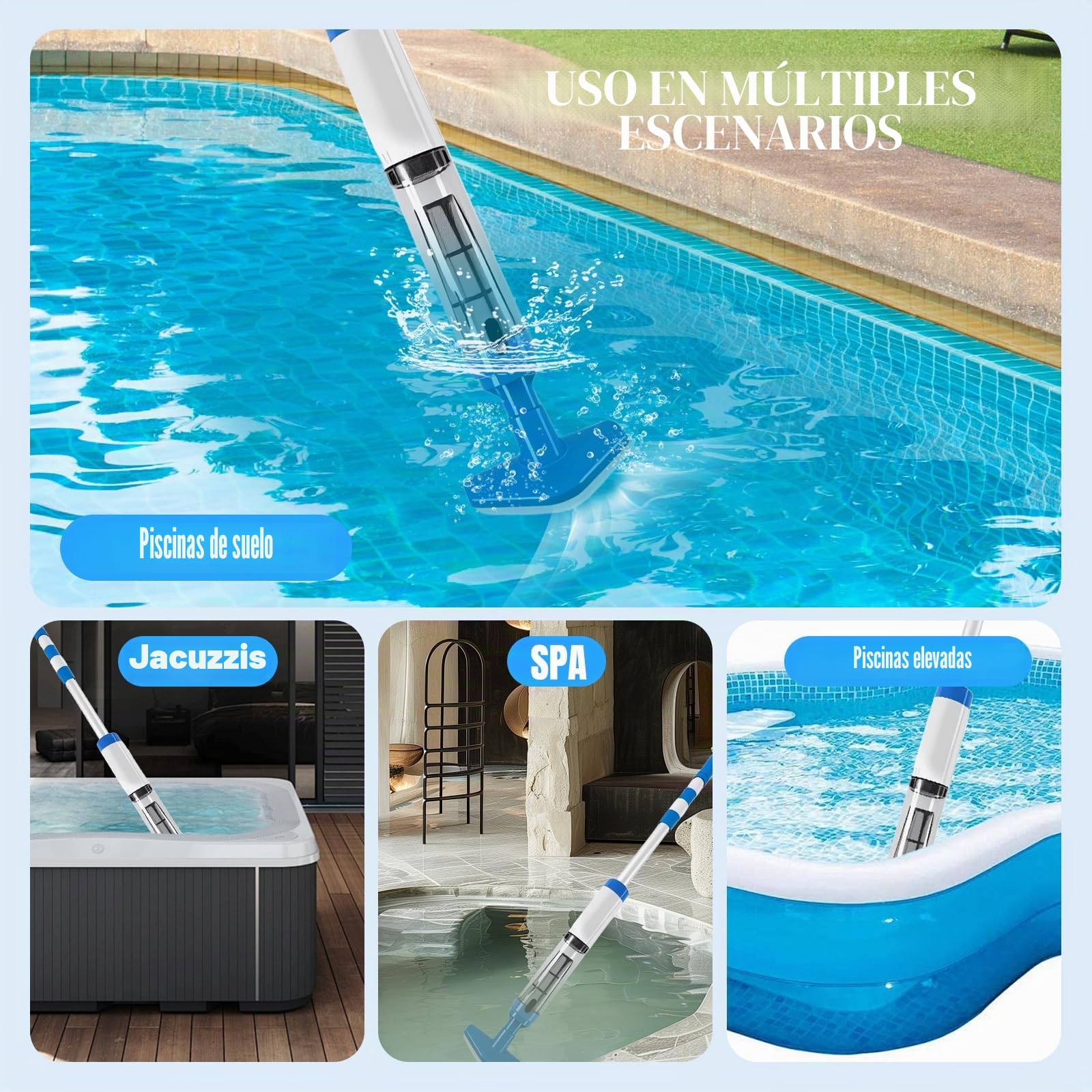 Bostar Aspirador Piscina 3 en 1 con Mango Telescópico 20L/min Caudal de Succión, Limpiafondos de Piscina a Bateria Inalámbrica para Pequeñas SPA Piscina