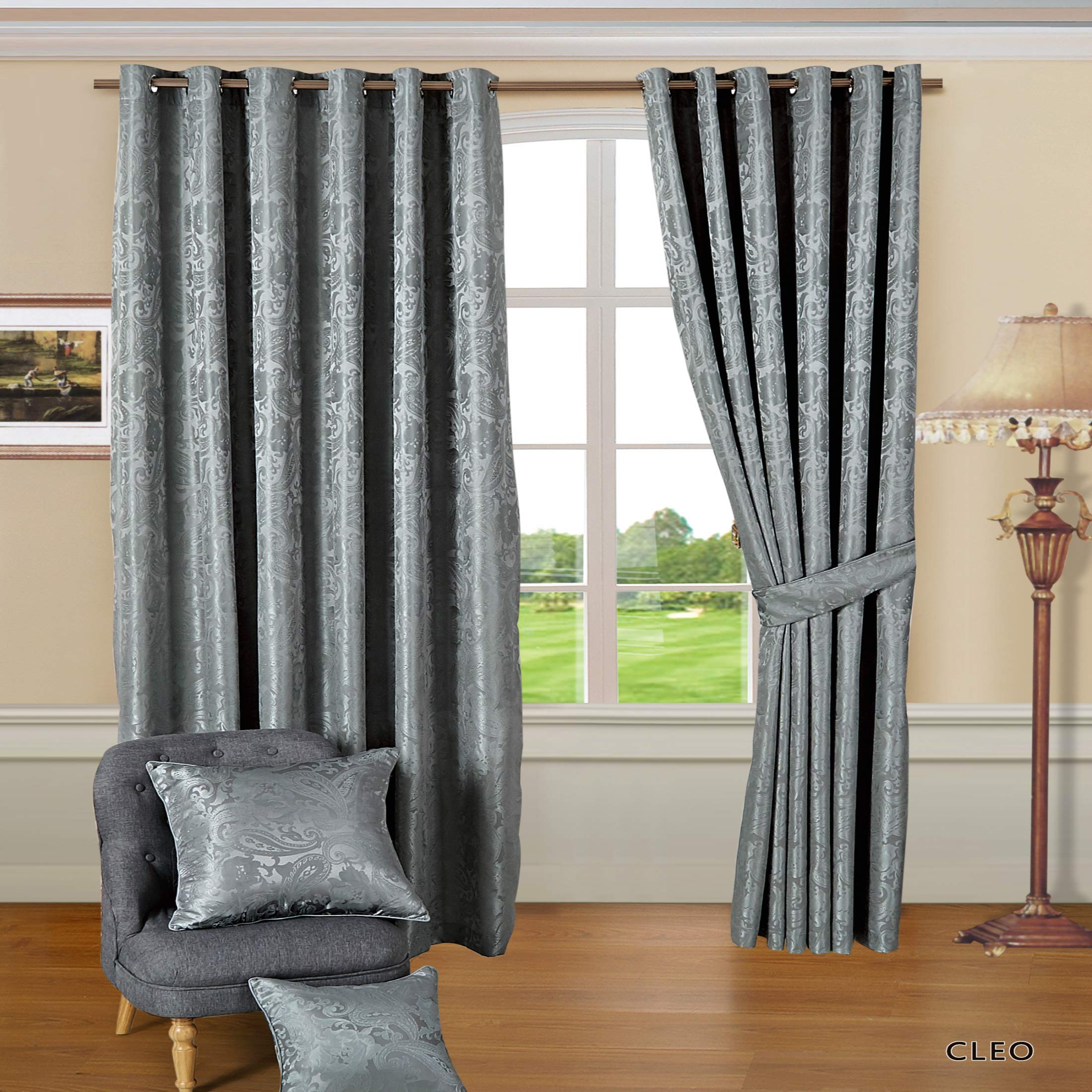 Ssp Rt Silver Jacquard Pair Curtain Fully Lined Ring Top Eyelet Tiebacks 90X90 Tiebacks