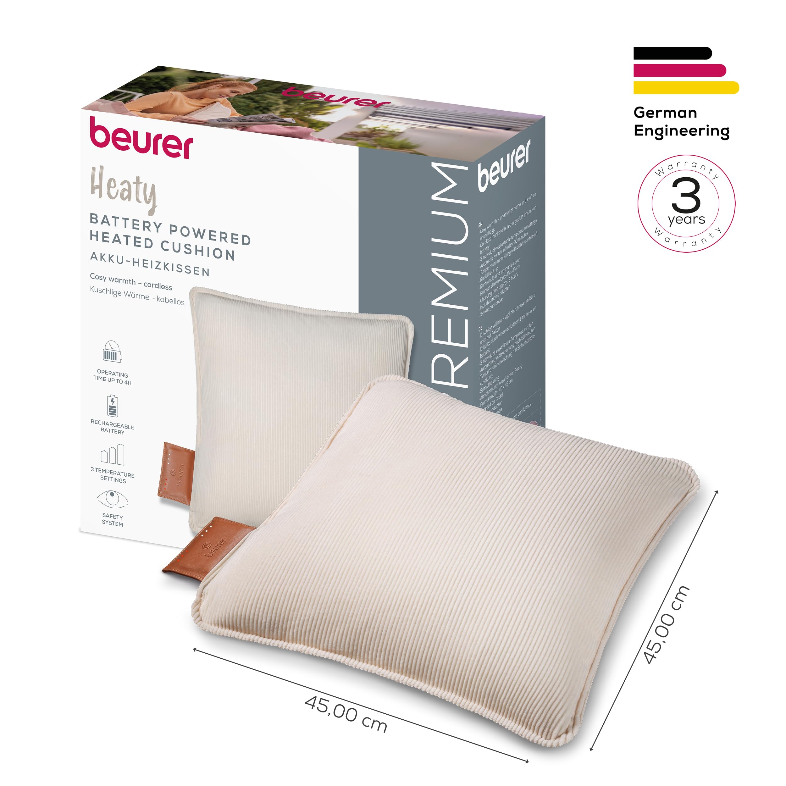 Beurer Heaty Coussin chauffant, coussin chauffant sans fil avec batterie, avec arrêt automatique et 3 réglages de la température, chauffe rapidement, velours côtelé doux, blanc