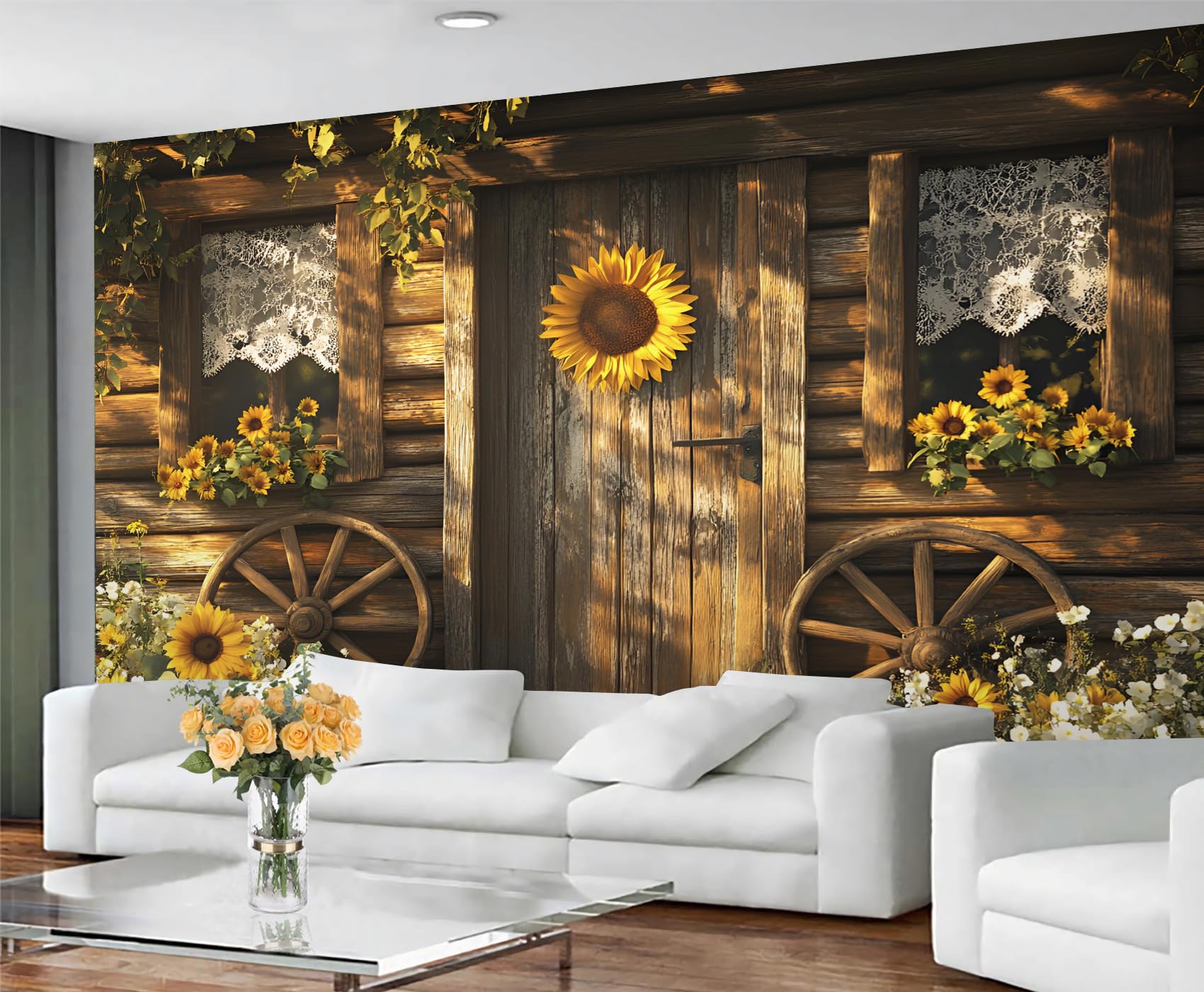 GIVLWF Rustic Wallpaper, Sunflowers Bedroom Wallpaper, Not Self Adhesive Wall Paper for Living Room, Farmhouse Wall Mural - Large Home Decor 350x250 cm — image 1