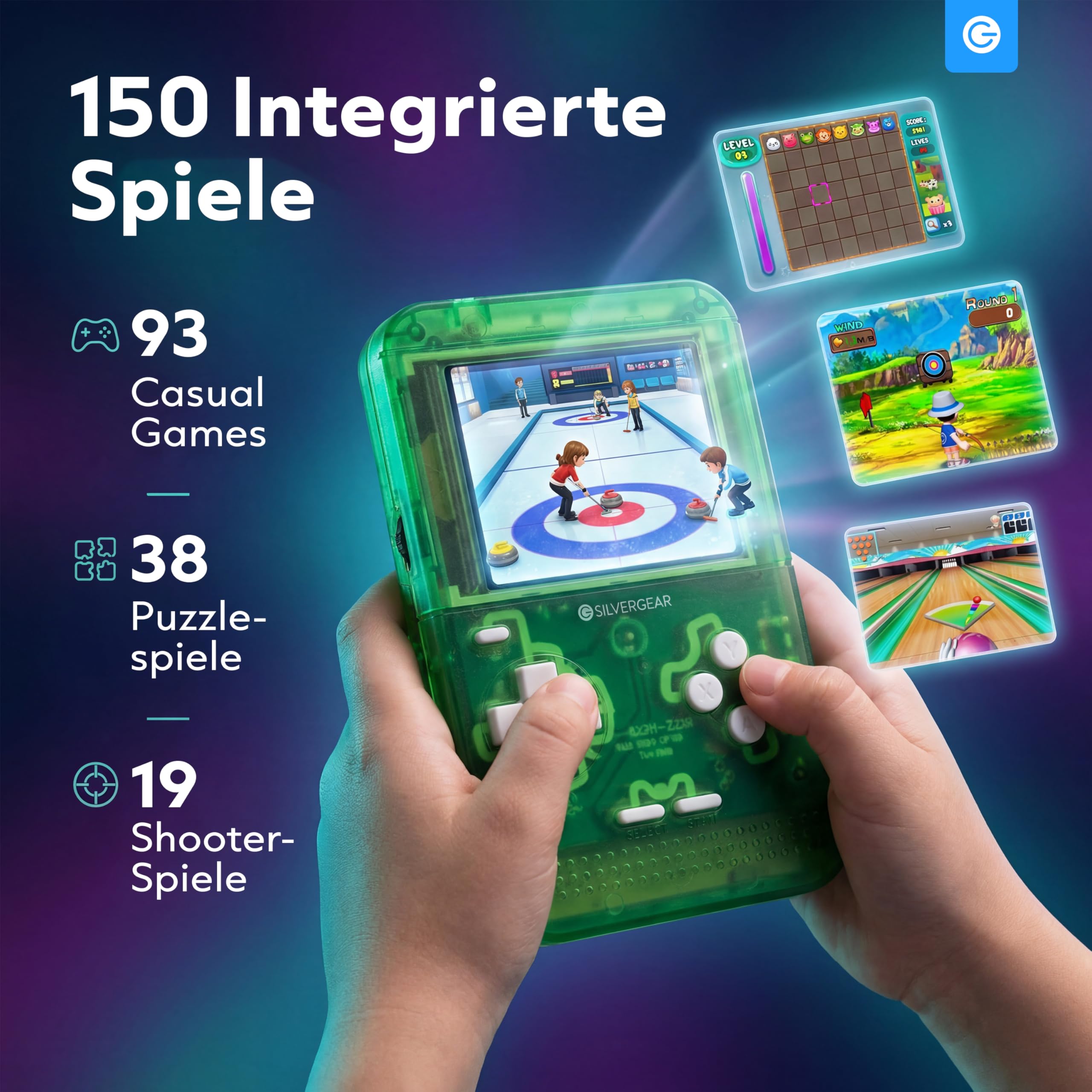 Silvergear® Retro Spielkonsole 32-bit | Handheld Konsole mit 150 Spielen | Tragbare Arcade Konsole | 2.8 Zoll LCD Bildschirm | Retro Games & Klassische Spiele | Kinder Spielkonsole | Grün