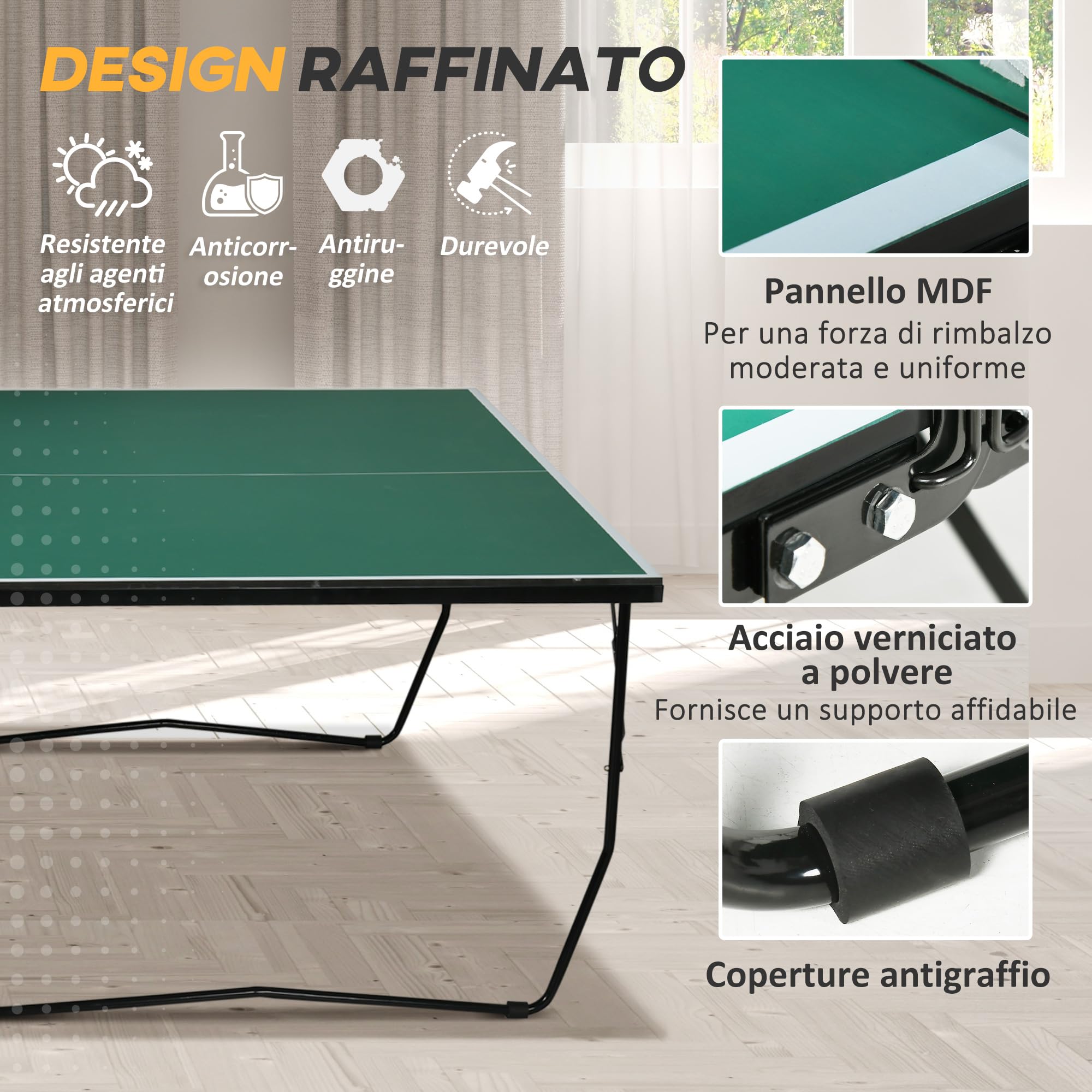 SPORTNOW Tavolo Ping Pong Pieghevole con 8 Ruote, Tavolo da Ping Pong Richiudibile con 2 Racchette, 3 Palline e Rete, 274x152.5x76 cm, Verde Scuro