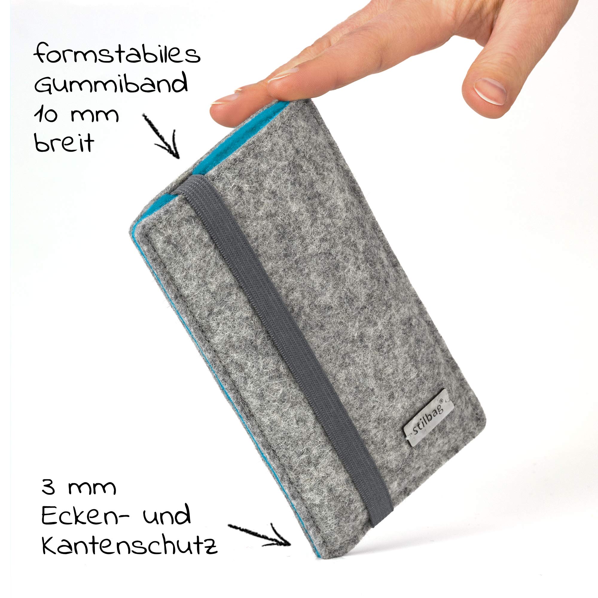 stilbag maßgeschneiderte Handyhülle Finn | Farbe: hellgrau/Azur | Smartphone-Tasche aus Filz | Handy Schutzhülle | Handytasche Made in Germany