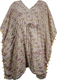 Mogul Interior Womens Beach Dress Indian Sari Kaftan Swimwear Cover Ups XL Pink,Beige