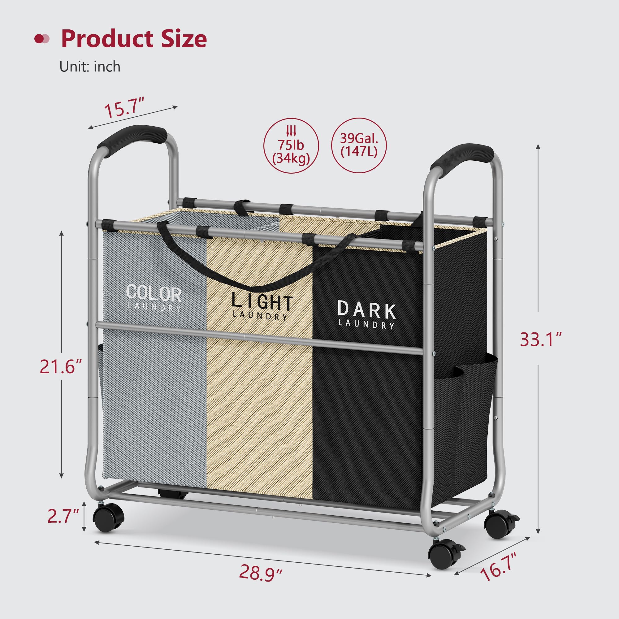 Tajsoon Panier à linge à 3 sections, avec roues robustes verrouillables et poches amovibles, panier à linge séparé pour ranger les vêtements, gris + beige + noir