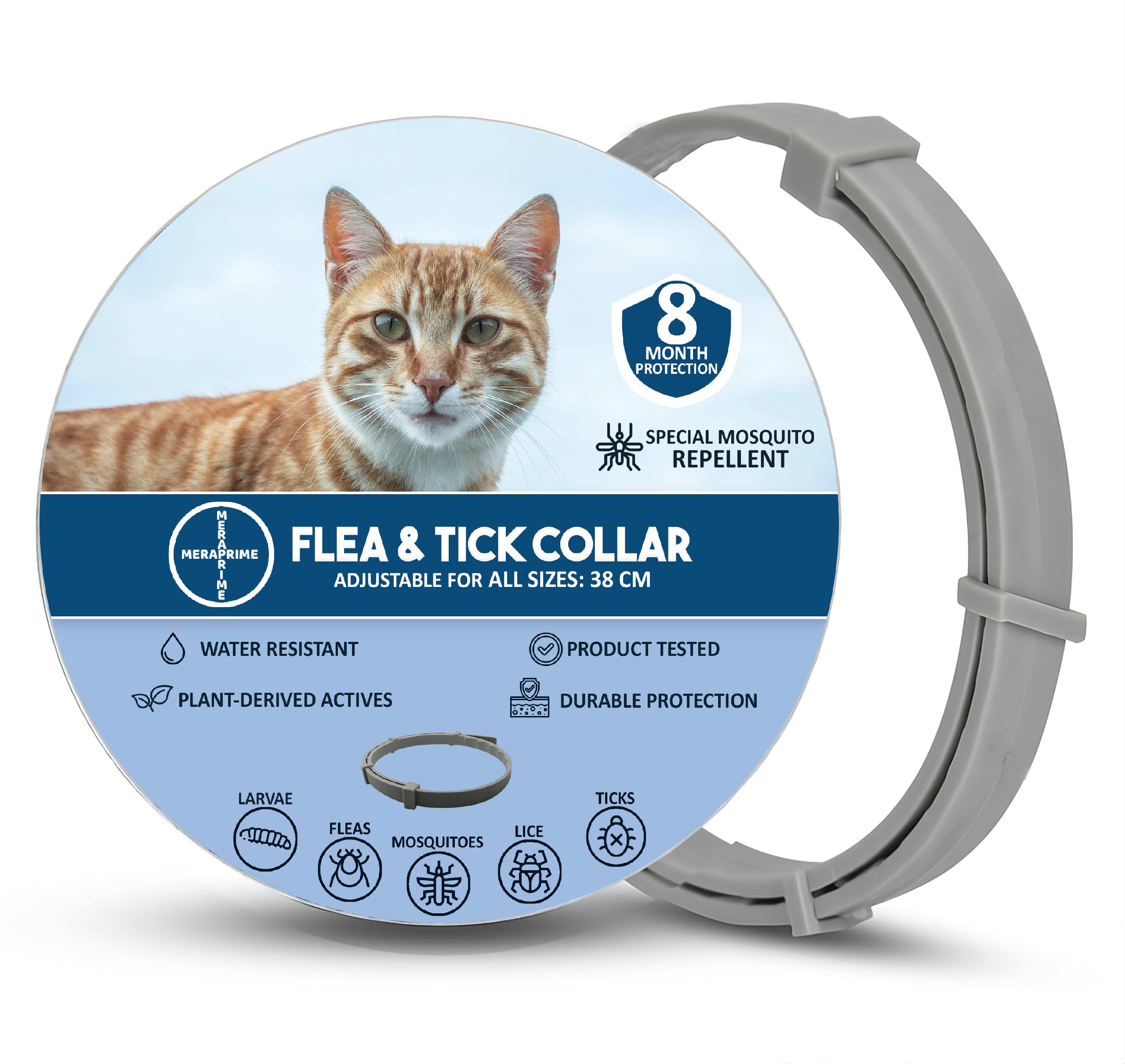 Collar Antiparasitario Gatos y Perros - Desparasitante Gatos Mosquitos, Pulgas y Garrapatas - Collar Antipulgas Gato, Desparasitacion Gato -38cm Ajustable, 8 Meses, Repelente Vegetal, Impermeable