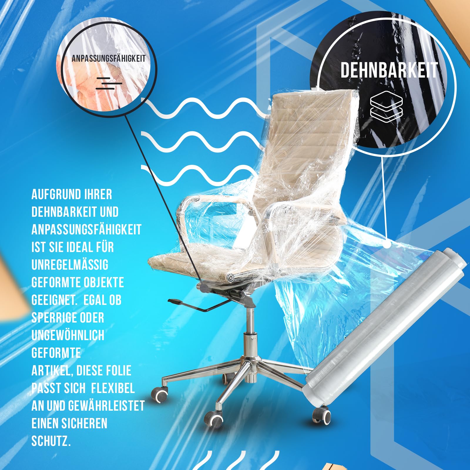 DQ-PP Film elástico transparente | 270 m / 50 cm | 3 rollos | 2,65 kg por rollo | 23 μm | 150% elástico | material de embalaje | envoltura