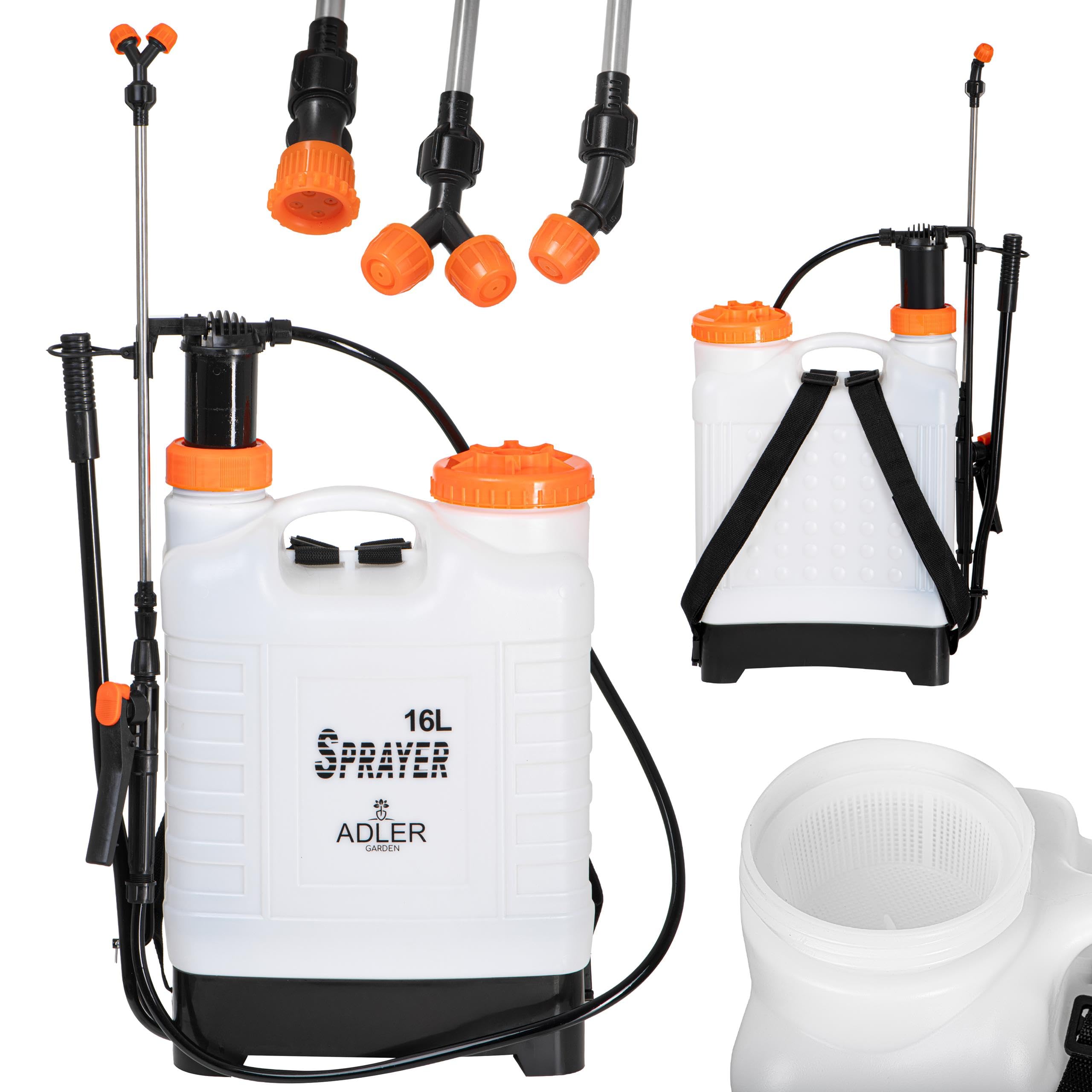ADLER EUROPE Rückenspritze – Drucksprüher 16 L mit teleskopischer 48–83 cm Edelstahl-Lanze und 115 cm Schlauch, Arbeitsdruck 2–3 bar - Sicherheitsventil – ideal für große Gärten und Nutzflächen