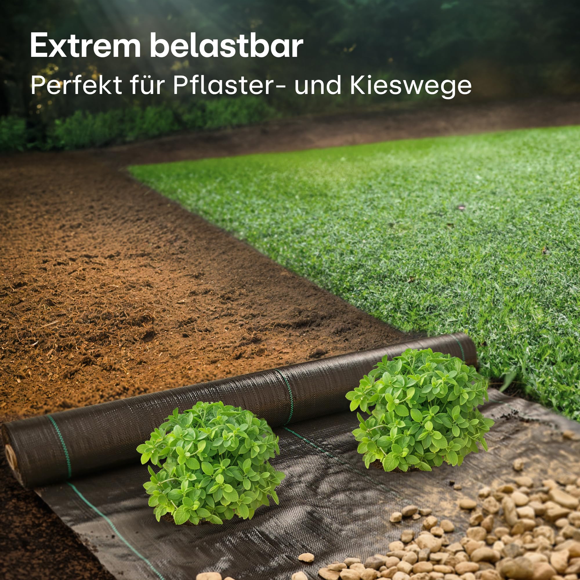 Praknu 50m² Anti Unkrautgewebe 100g/m² mit 24 Erdanker - Wasserdurchlässig & Extra Reißfest - Leicht zu Verlegen - UV Beständige Bändchengewebe - Ideal für Mulch und Kies
