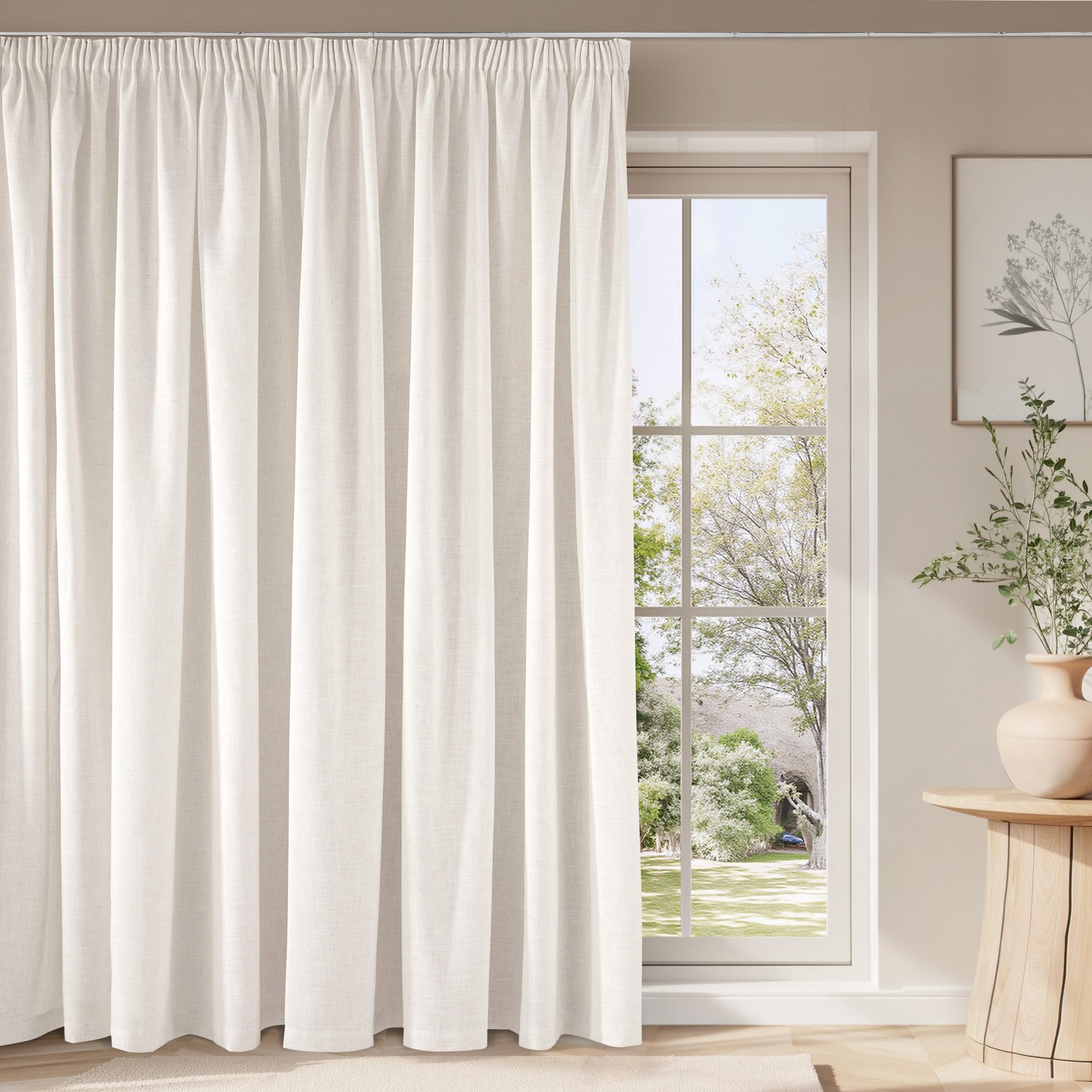 PONY DANCE Rideau Voilage Lin Decoration Maison Salon Chambre Cuisine Fenetre, Panneaux Galon Fronceur Draperies Intérieurs, Écru, Lot de 1, Chaque Panneau: L300xH245cm | Lot de 1 rideau en lin dense (250 g/m²), style bohème, aspect lin, pour salon, crème